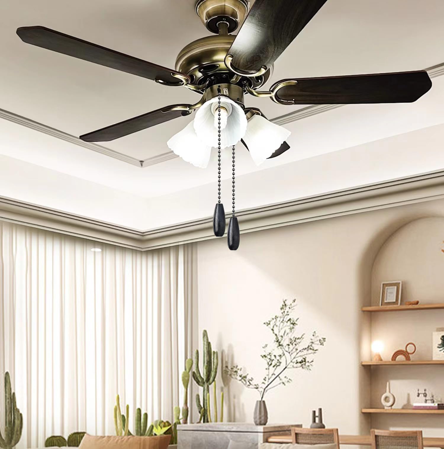 Dotlite 2Pack Black Wooden Ceiling Fan Pull Chain Extender, 12In Decorative Fan String Pulls Extension,3Mm Diameter Beaded Chain