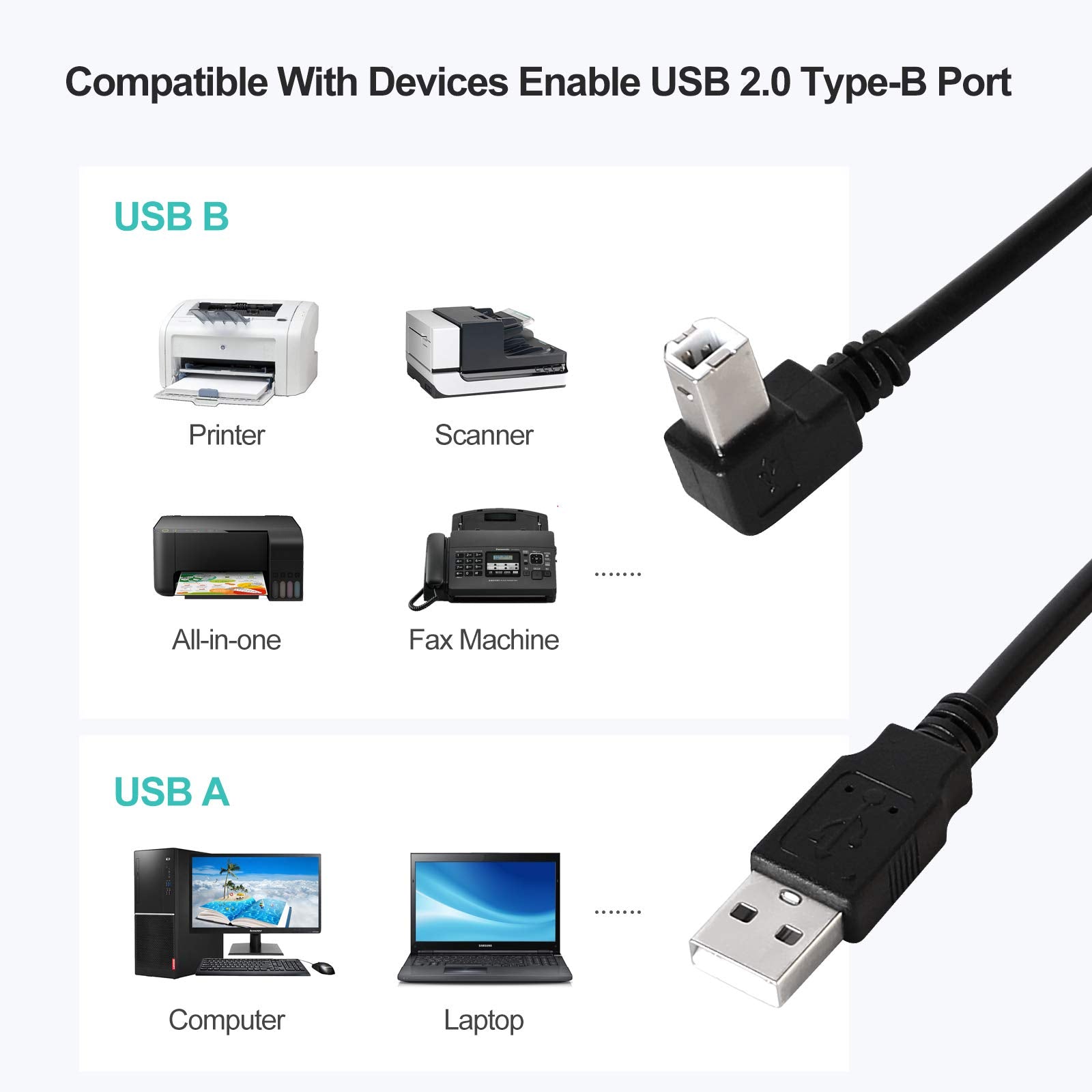 Right Angle Printer Cable Usb2.0 A Male Plug To Right Angle Usb B Male A/B M/M Printer Scanner Cable 12 Inch(30Cm)