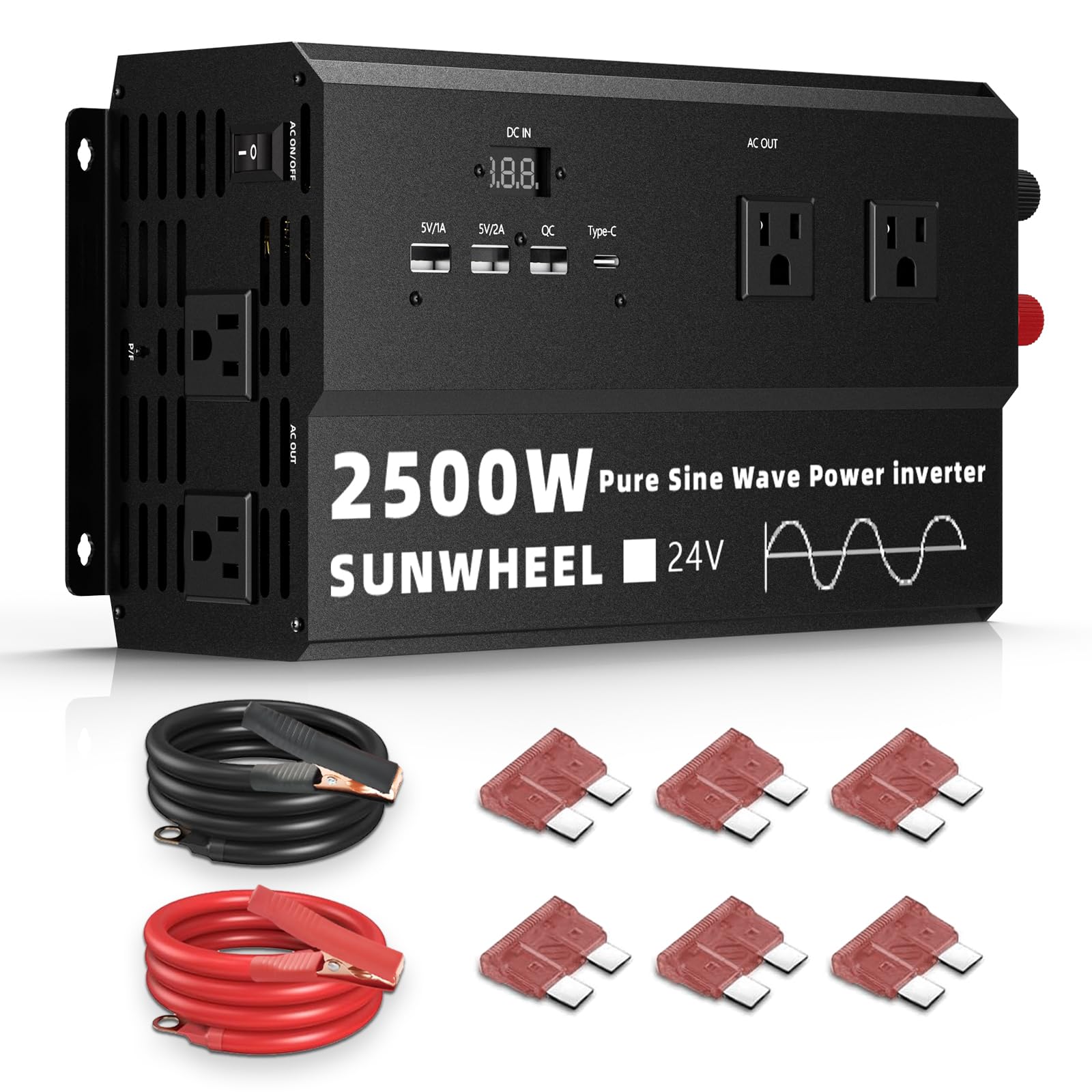 SUNWHEEL 2500W 24V Pure Sine Wave Inverter, 24V DC to 110V/120V AC Power Inverter for RV?Off Grid?Truck?Power Outage with 4 AC o