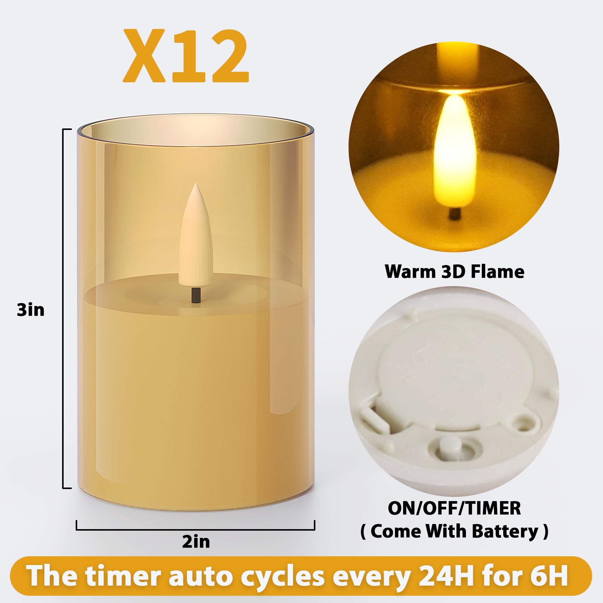 Viodaim 12Pack Flickering Flameless Candles With Timer, Led Candles Battery Powered, Small Flameless Pillar Candles, Votive Cand