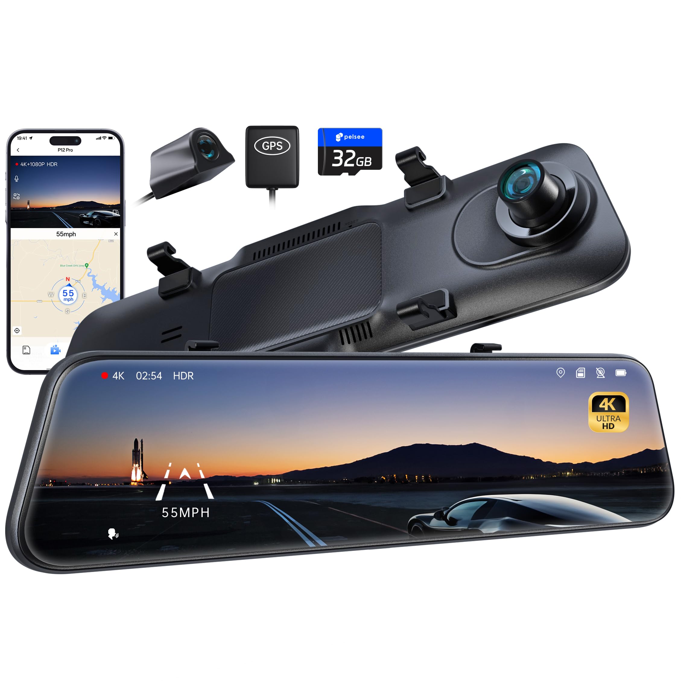 Pelsee P10 Pro 10inch 4K Mirror Dash Cam, Rear View Mirror Camera Smart Driving Assistant W/Adas And Bsd, Night Vision Dash Cameras