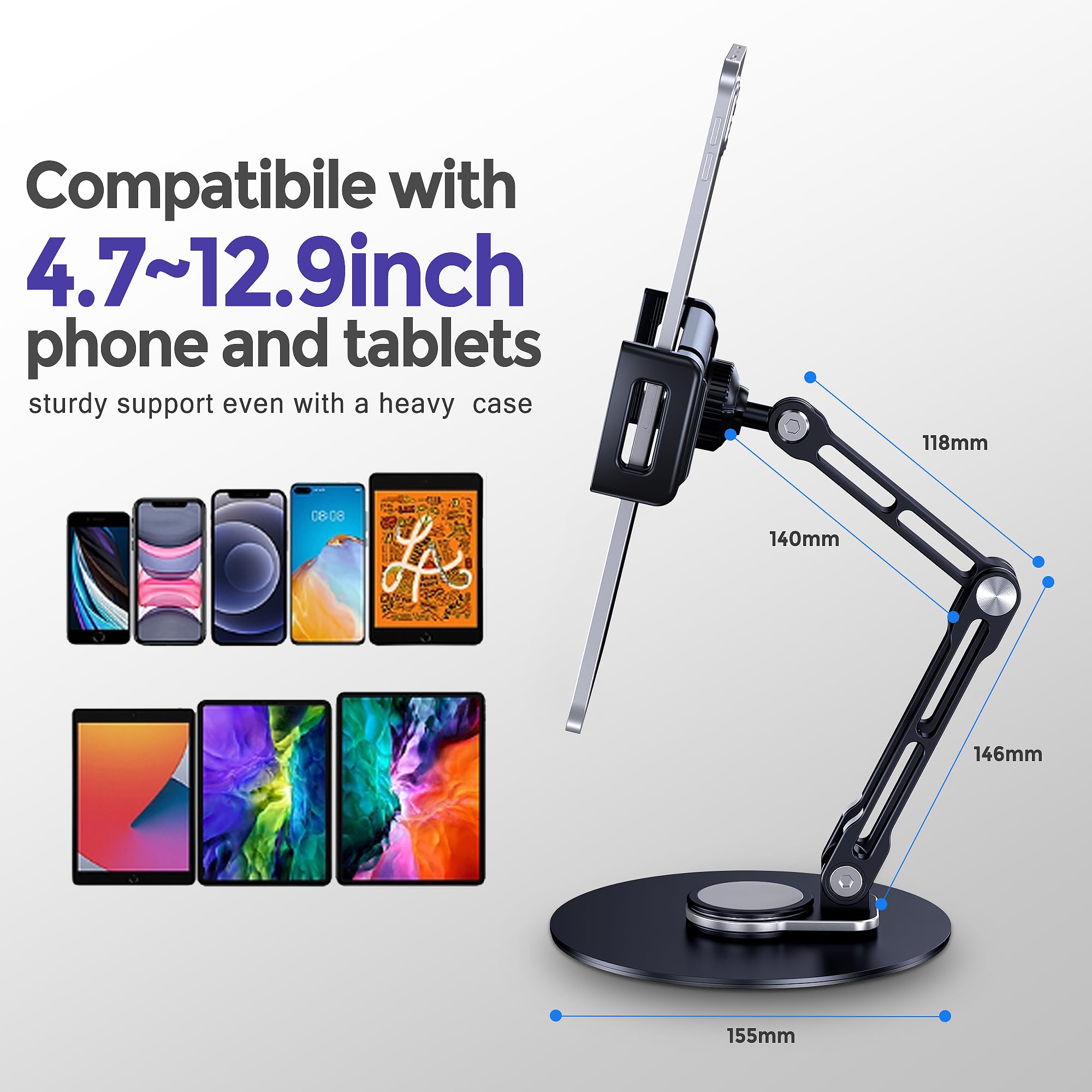 Lucrave Tablet Stand Holder For Ipad, Adjustable With 360 Rotating Base For Desk, Aluminum Swivel Tablet Stand Compatible With I