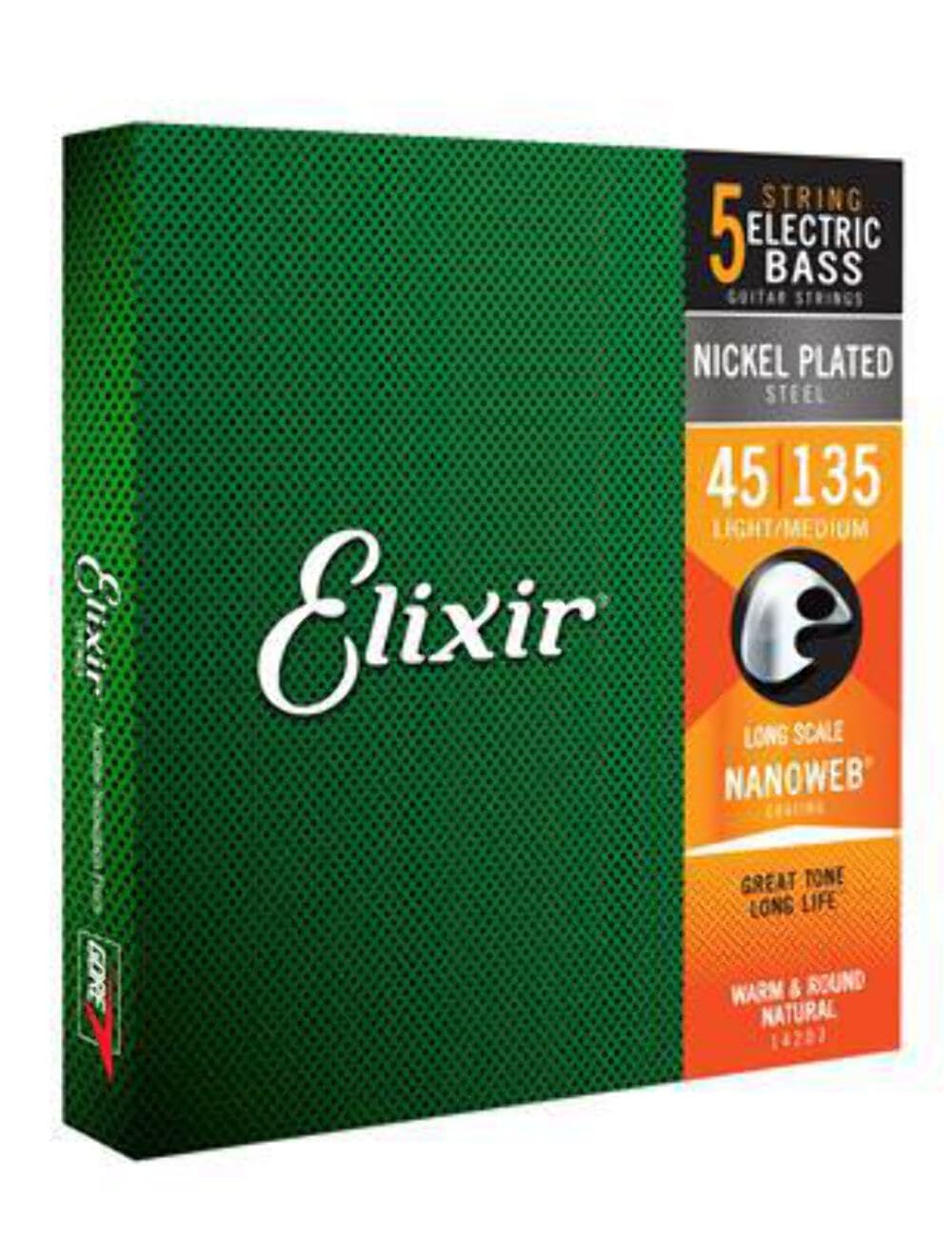 Elixir Strings Nickel Plated Steel 5 String Bass Strings W Nanoweb Coating, Long Scale, Light/Medium (.045 .135)