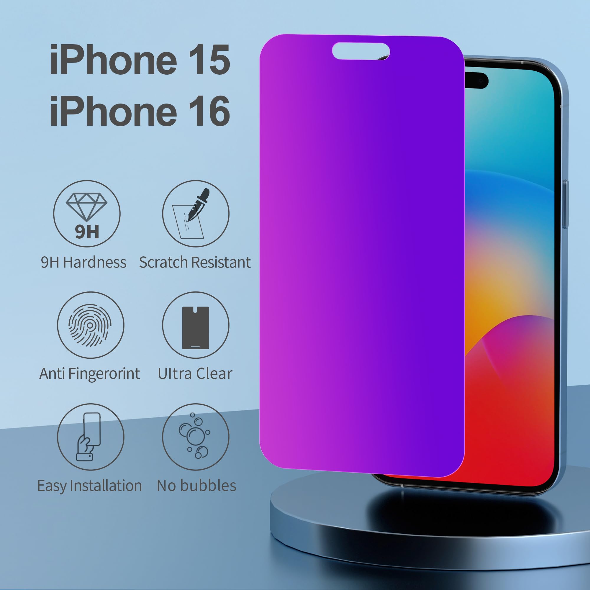 Pddkiss Compatible For Iphone 15/Iphone 16 Privacy Screen Protector Tempered Glass 6.1 Inch, Purple Gradient Anti Spy Anti Blue