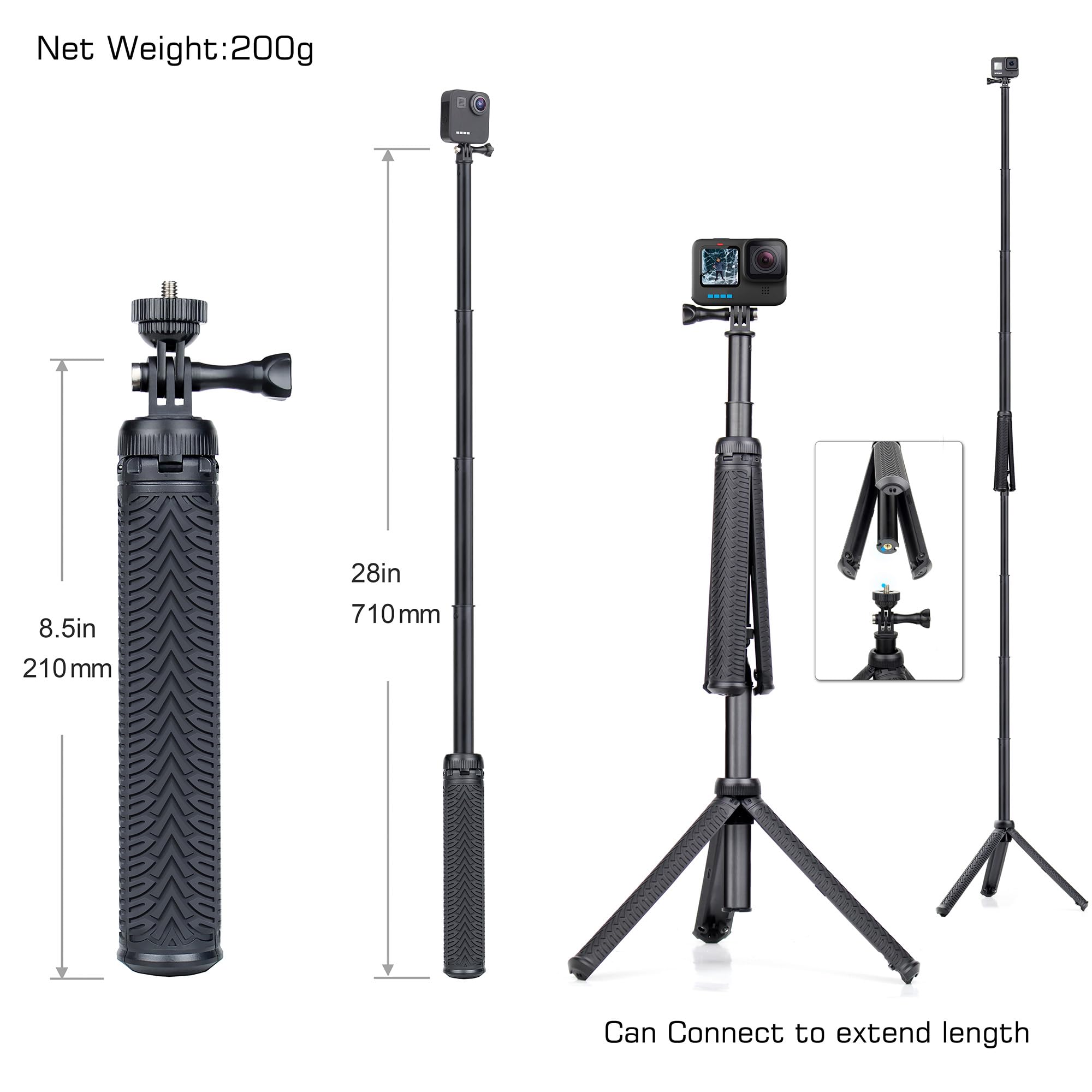 Gepuly Aluminum Extendable Tripod Selfie Stick Monopod For Phone Gopro Hero 13 12 11 10 9 8 7 6 5 4,Session, Fusion Max, Akaso,Osmo Action Cameras(3 In 1:Hand Grip, Selfie Stick,Tripod Stand)