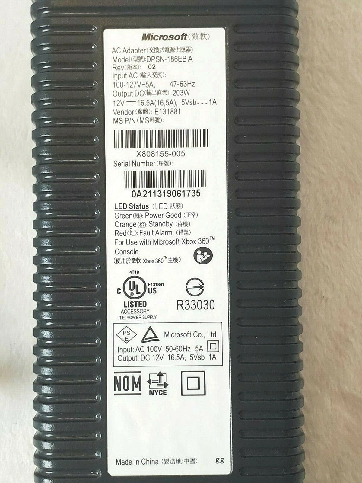 Official Xbox 360 Microsoft Ac Power Supply Adapter 203W