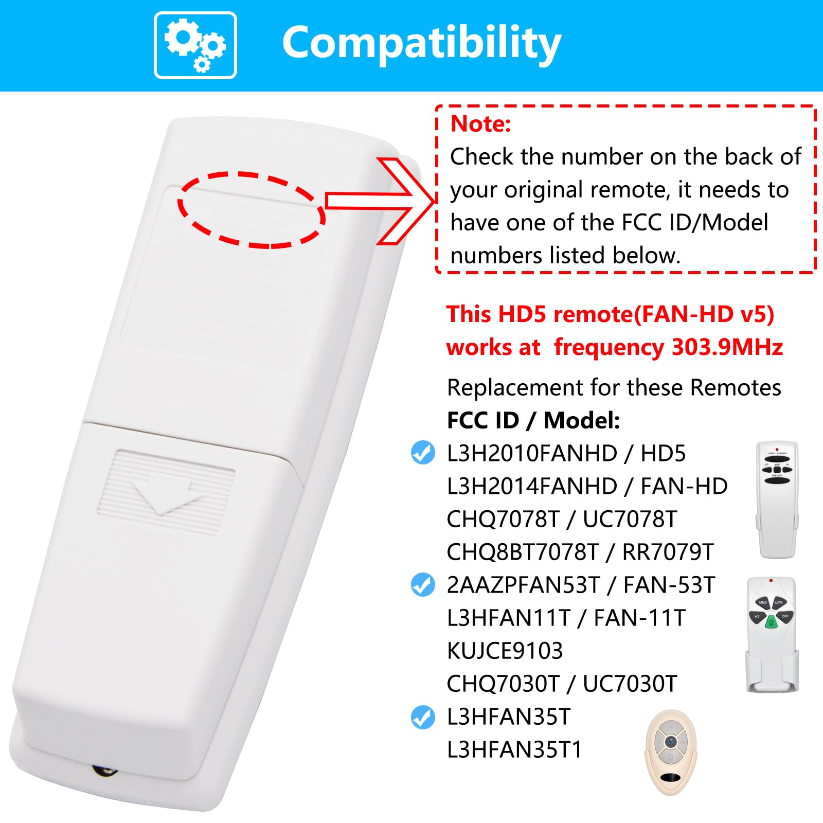 Fan Hd Ceiling Fan Remote Control Replacement For Hampton Bay Hunter, W/ 3 Speed Light Dimmer 303.9Mhz, Replace L3H2010Fanhd L3H