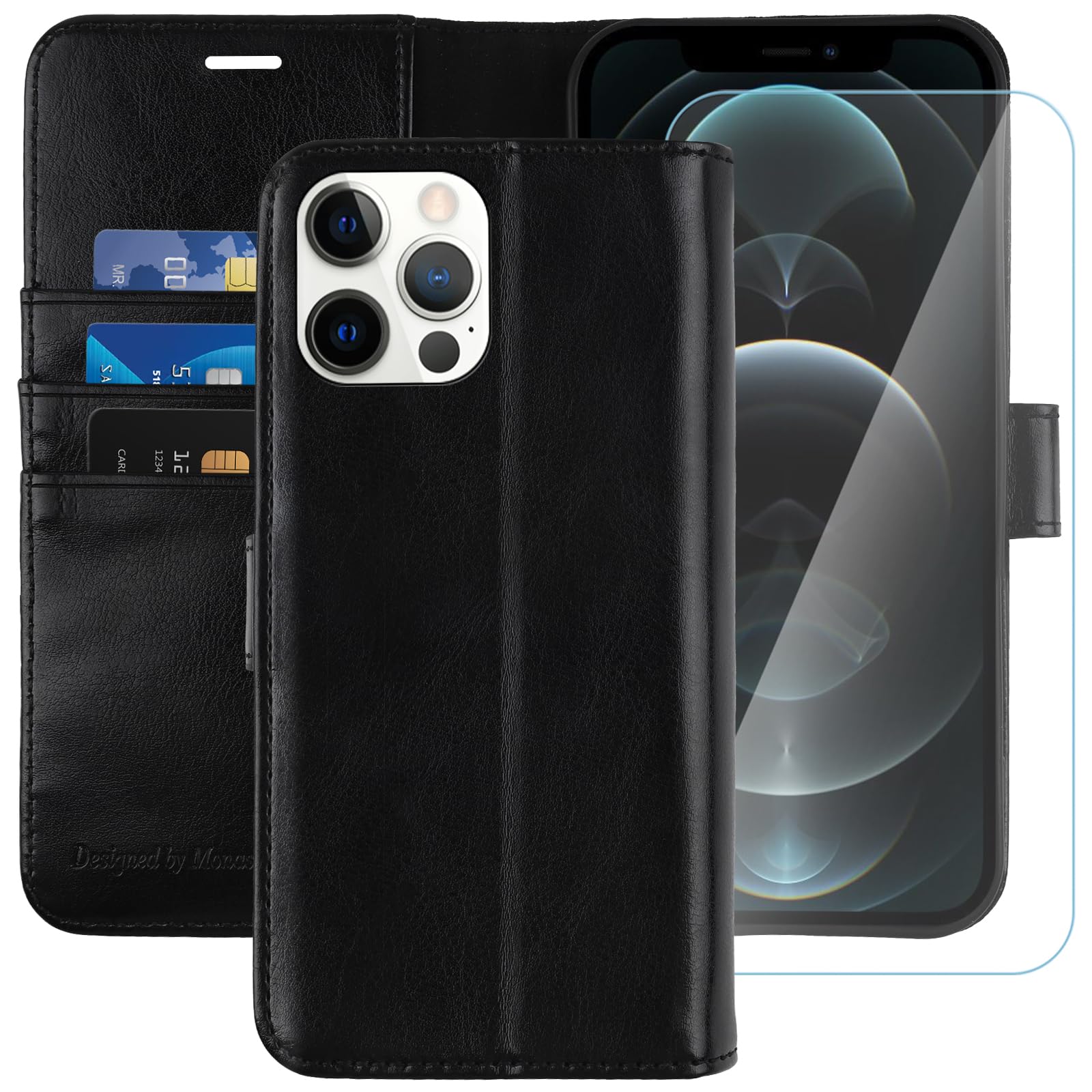 MONASAY Wallet Case Compatible for iPhone 11 Pro Max 5G, 6.5-inch, [Glass Screen Protector Included] [RFID Blocking] Flip Folio 