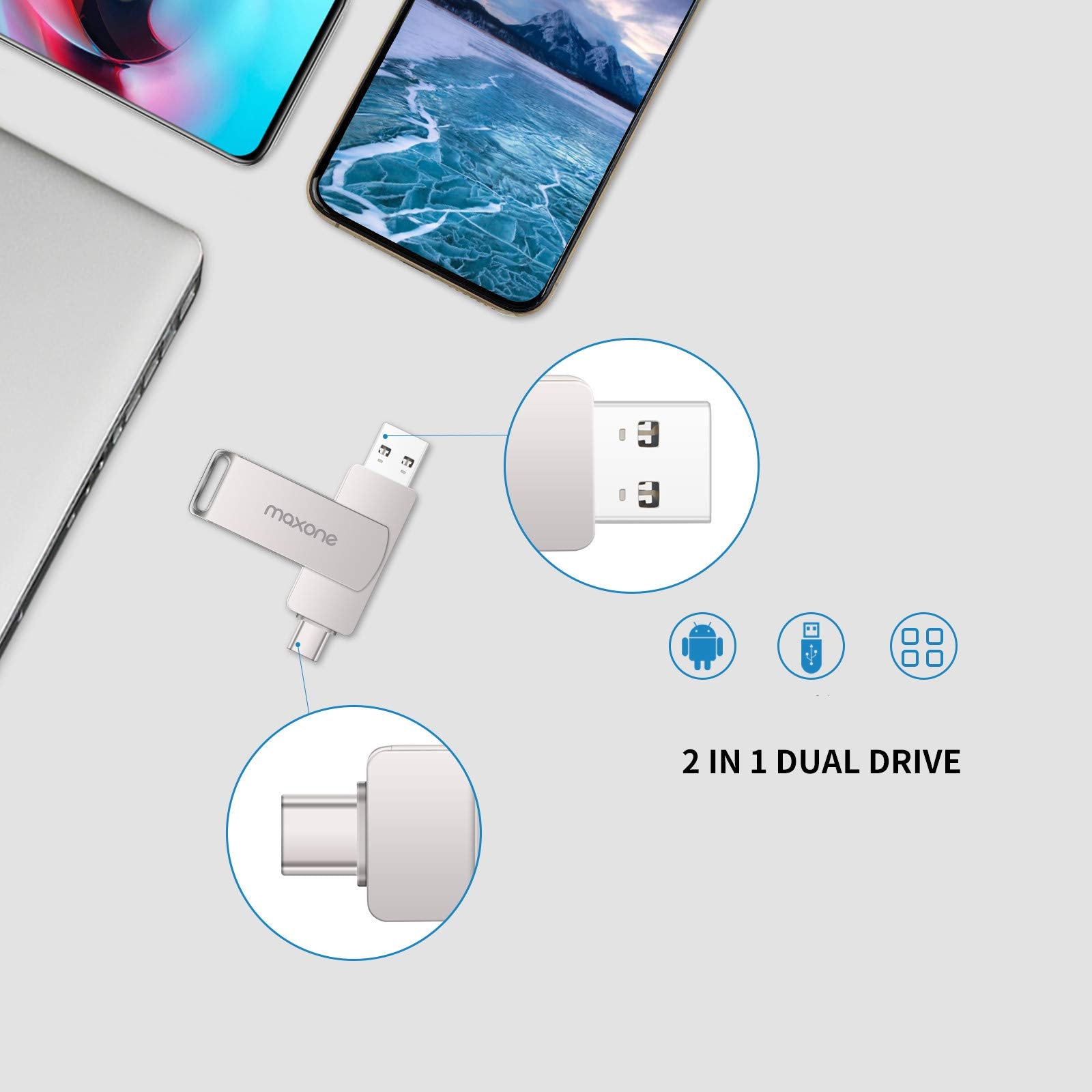 Maxone 128Gb Flash Drive Usb Type C Both 3.1 Tech   2 In 1 Dual Drive Memory Stick High Speed Otg For Android Smartphone Computer, Mac Book, Chromebook