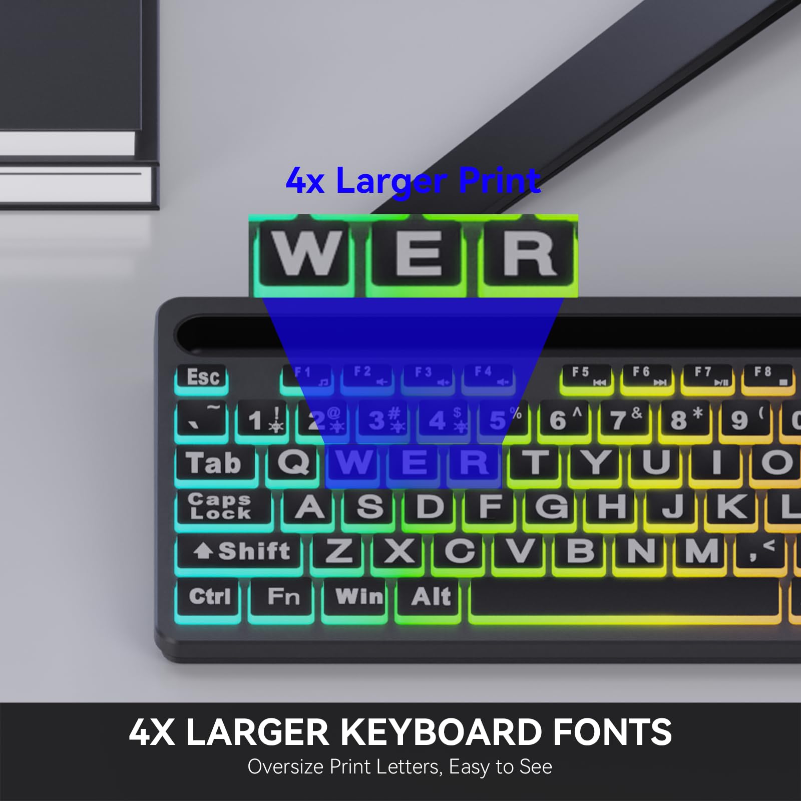 Marvo Large Print Backlit Keyboard, Wk712 Wired Computer Keyboard With 7 Colors & 11 Modes Backlight, Silent Light Up Keyboard With Tablet Phone Holder, Full Size Gaming Keyboard For Windows, Mac