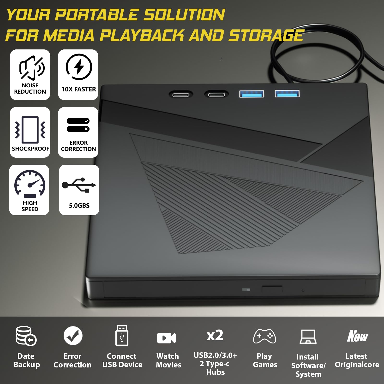 Taopjwr 7-in-1 USB 3.0 Type-C External CD/DVD Drive Portable Disk Player for Laptop PC Mac Windows Linux