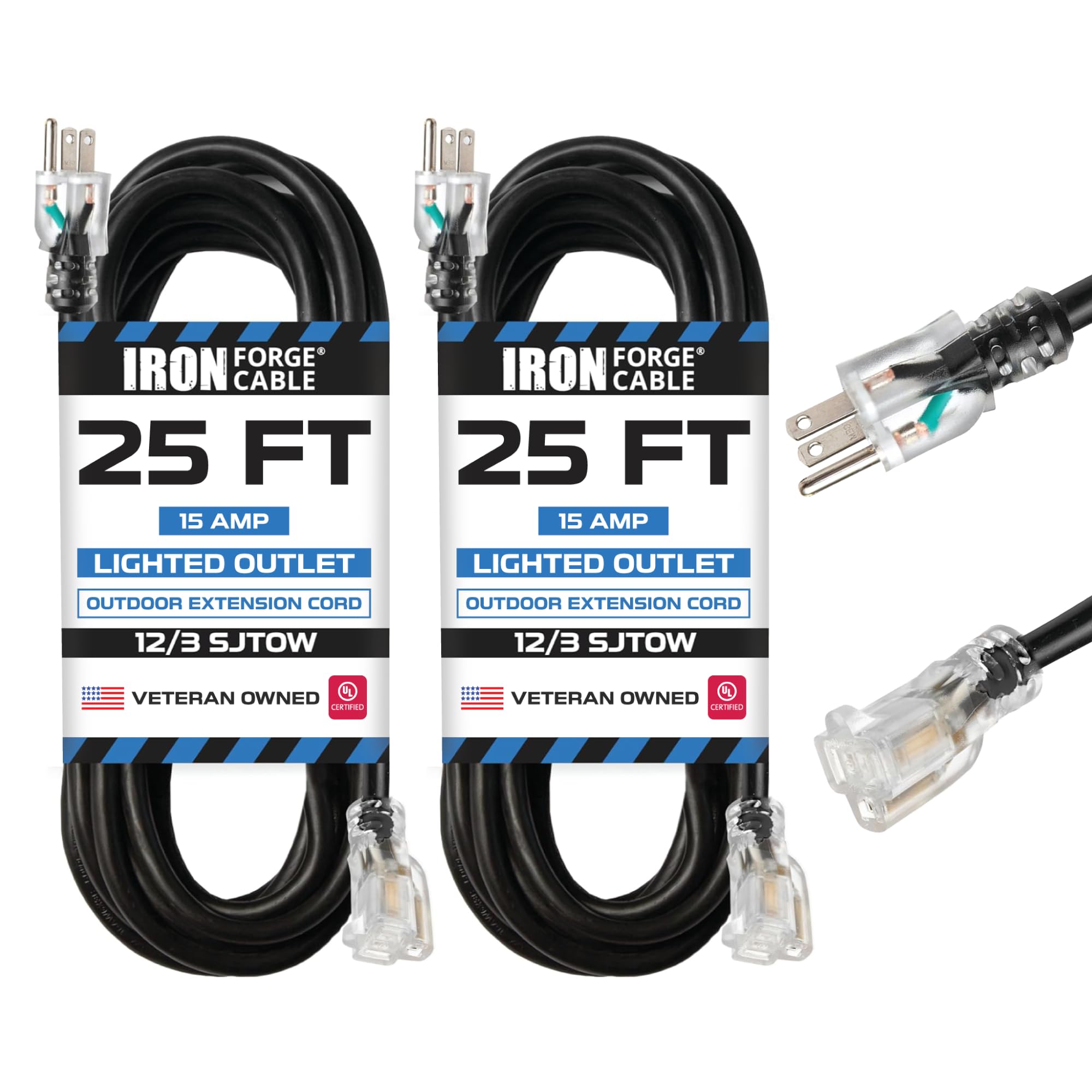 Iron Forge Cable Lighted Outdoor Extension Cord 25 Ft 2 Pack   12 Gauge 15 Amp Heavy Duty Power Extension Cords   Sjtow Oil Resi