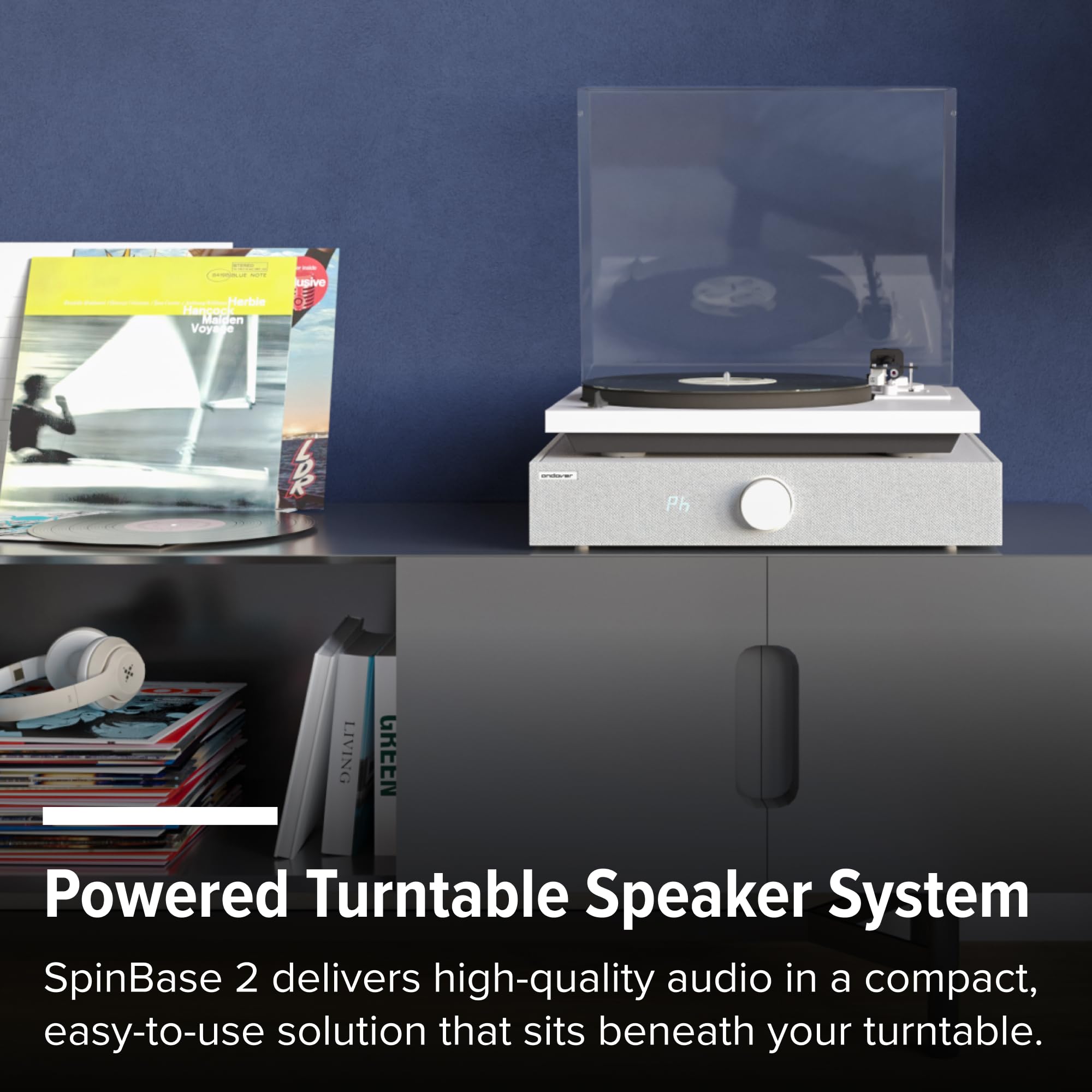 Andover Audio Spinbase Speaker System Designed For Turntables; Phono Input, Bluetooth, Aux In, Bass And Treble Control, Isogroov