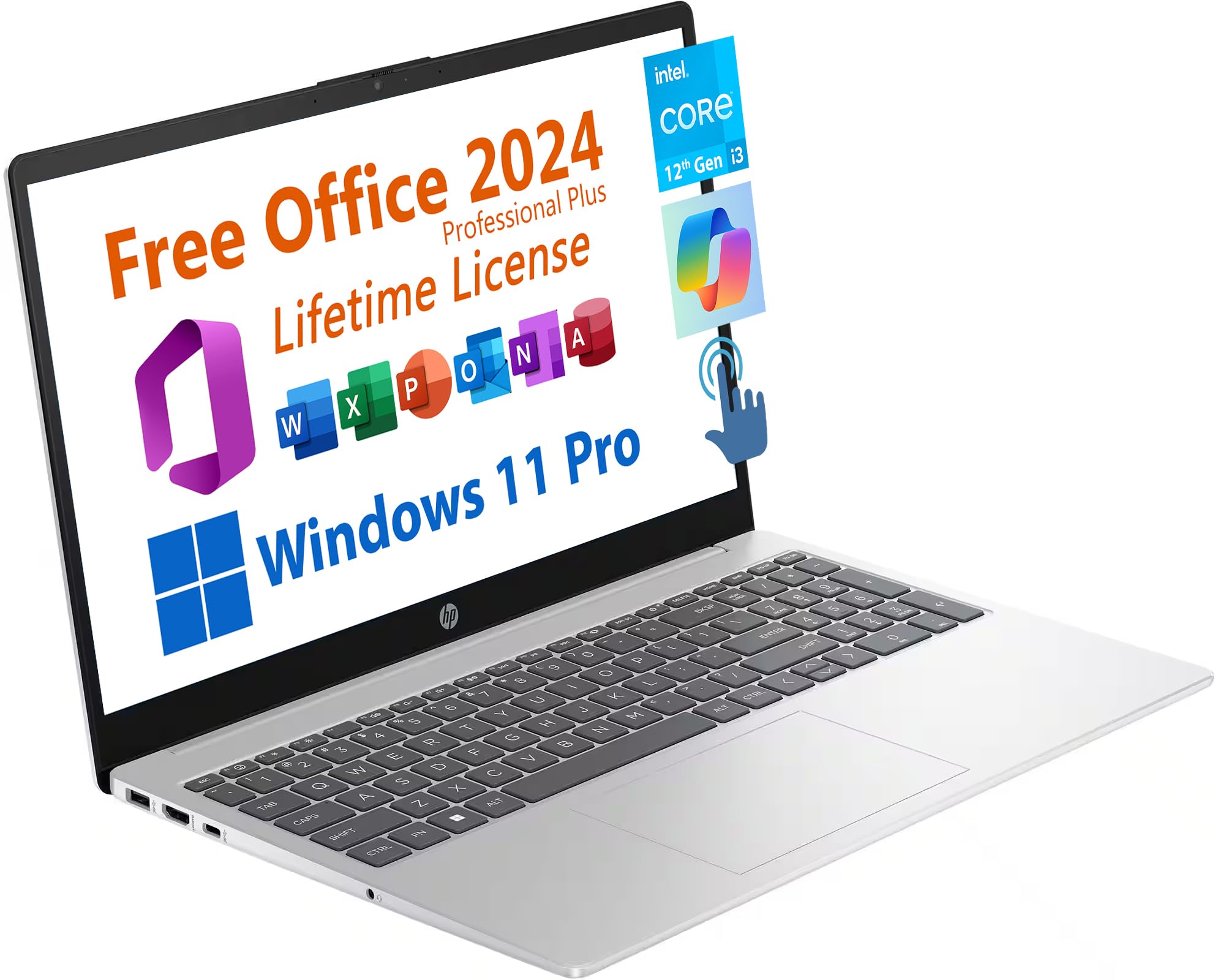 Hp 15.6 Business Laptop, Free Microsoft Office 2024 Lifetime License, Copilot Ai Chat, Hd Touchscreen Display, Intel 6-Core I3-1