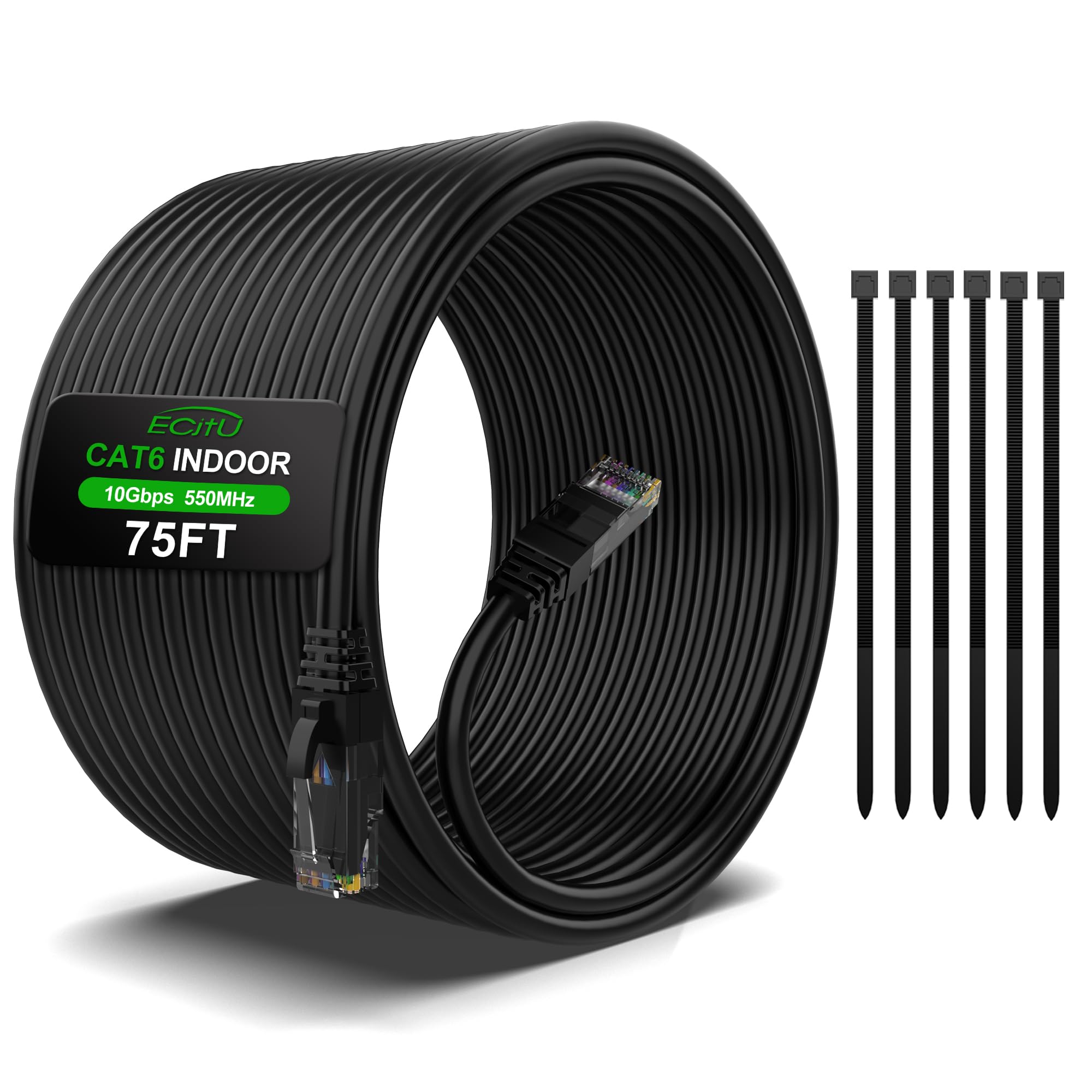 75Ft Cat6 Ethernet Cable, Cat 6 Patch Cable, Cat6 Internet Cable, Utp Network Cable, Indoor And Outdoor, Poe, 24Awg Cca, Compatible For Pc, Laptop, Router, Switch, Server, With 25 Cable Ties   Black