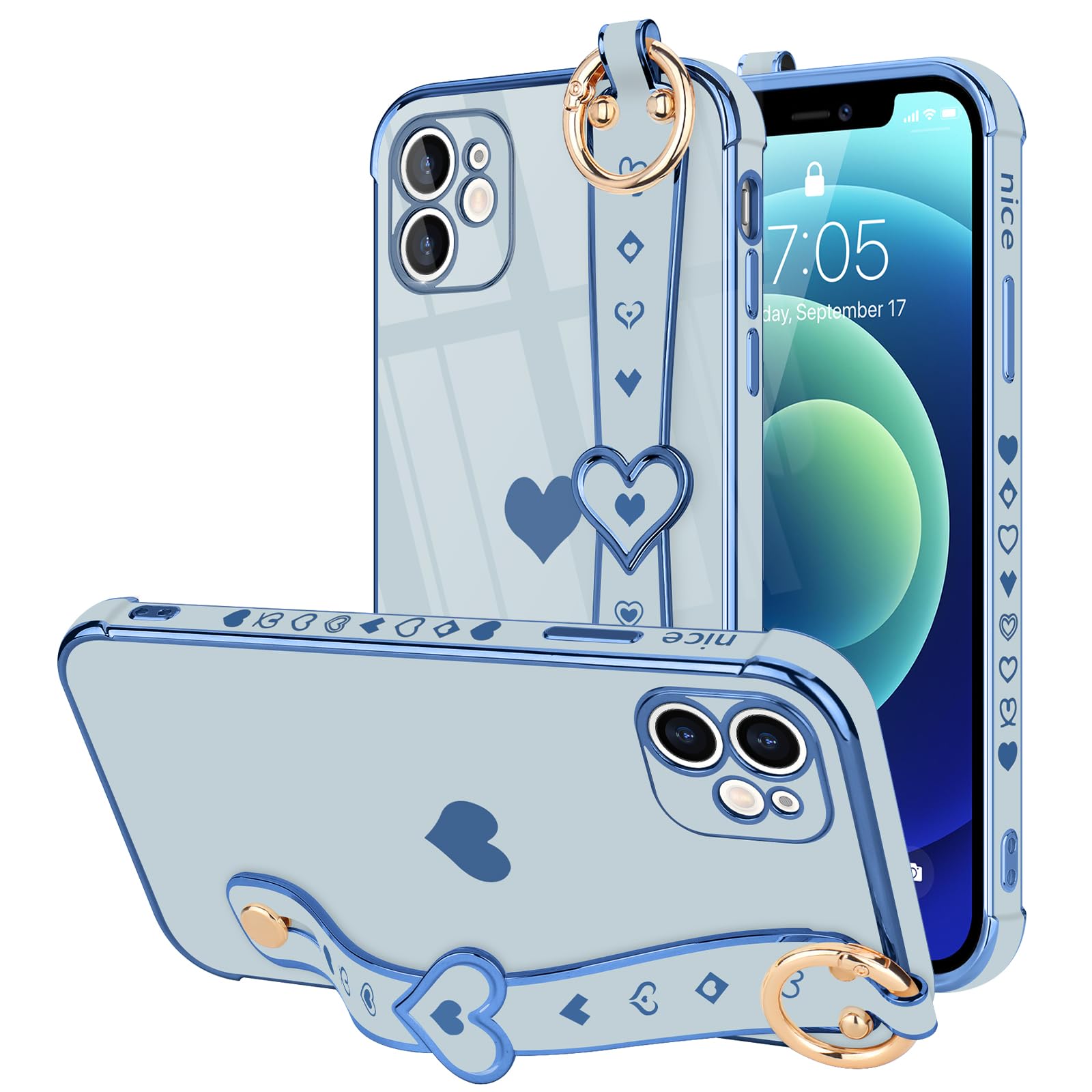 Llz.Coque For Iphone 11 Case Cute Love Heart Plating Strap Phone Cover For Women Girls Bling Soft Silicone Camera Lens Protectio