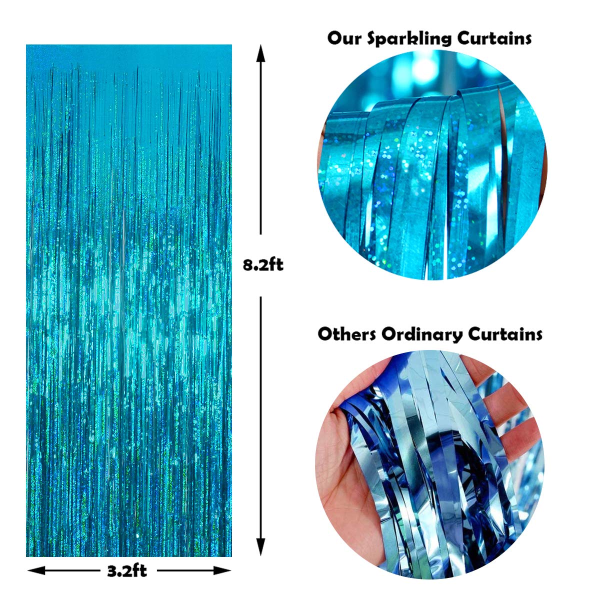 Melsan 2 Pack 3.2 Ft X 8.2 Ft Teal Tinsel Foil Fringe Curtains Backdrop, Sparkle Metallic Foil Curtains For Birthday Party Decor