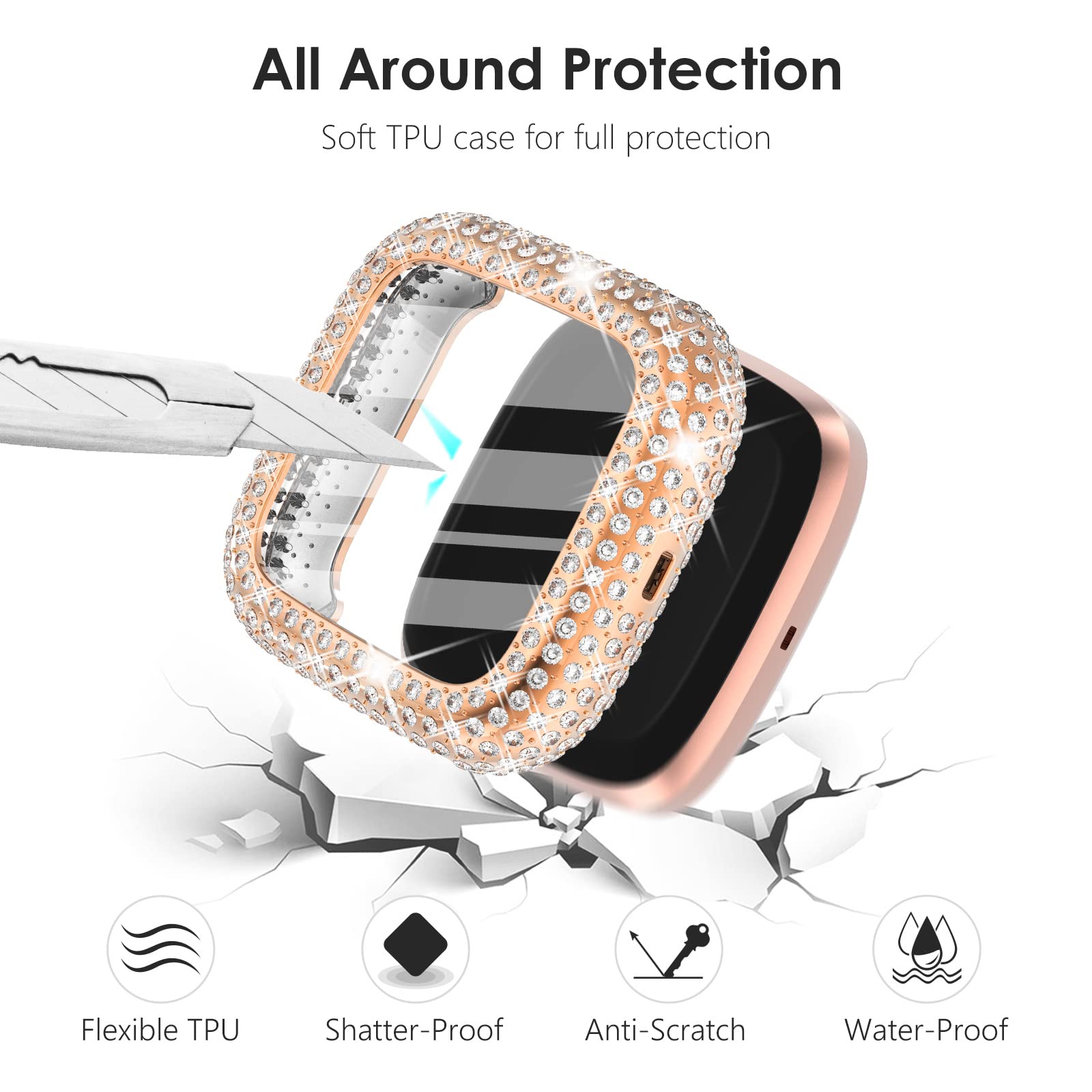 Chanchy 4 Pack Bling Case Compatible With Fitbit Versa 2, Over 200 Crystal Soft Tpu Full Protective Case Cover Bumper For Fitbit