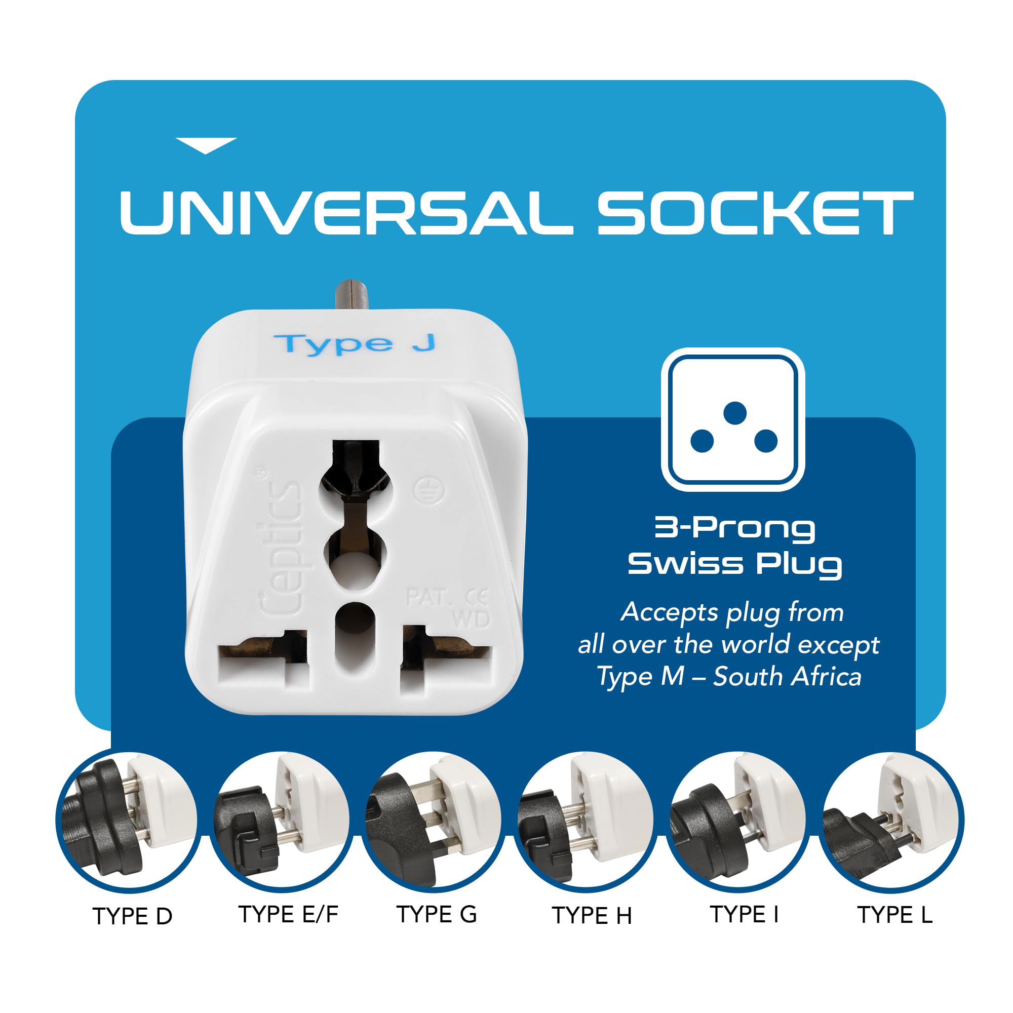 Ceptics Switzerland Travel Plug Adapter (Type J)   3 Pack [Grounded & Universal] (Gp 11A 3Pk)