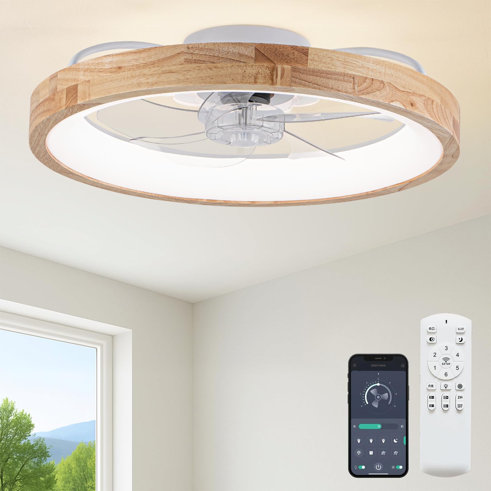 Fszdorj 24 Ceiling Fan with Light, Upgraded Low Profile Ceiling Fan with Light, Dimmable Flush Mount Ceiling Fan with Light, F