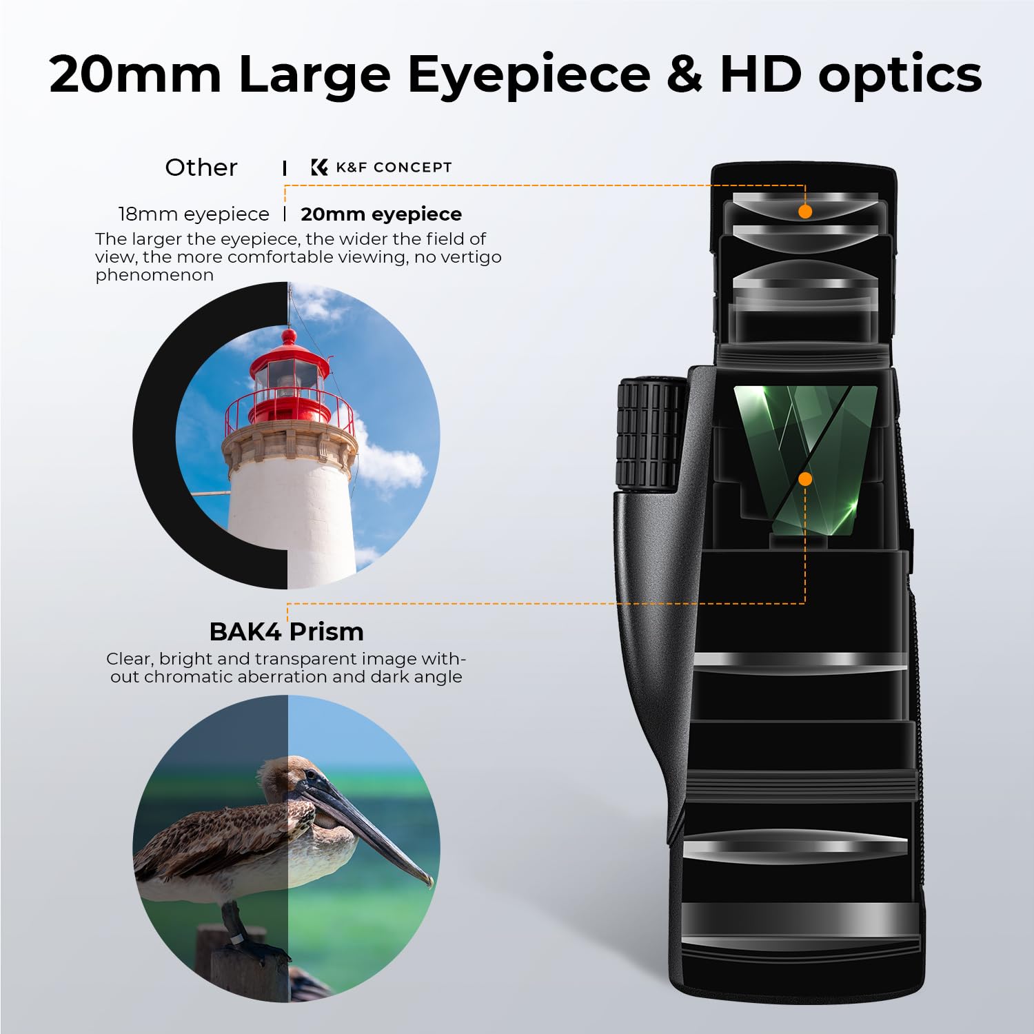 K&F Concept 8 32X50 Zoom Monocular   High Power Dual Focus Prism Compact Monoculars For Kids Adults, With Phone Adapter, Low Lig