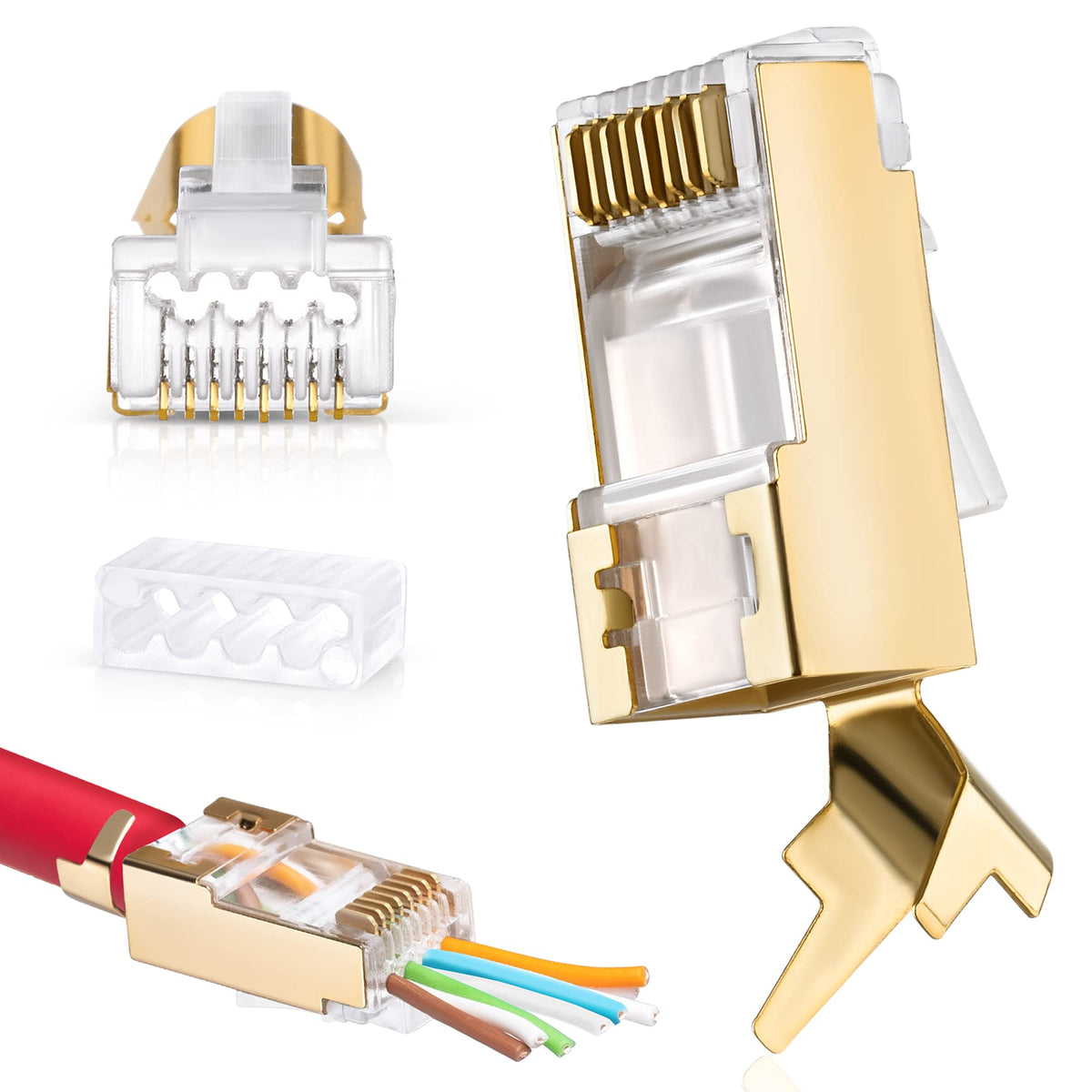 Everest Media Solutions Rj45 Cat7 & Cat6A Pass Through Connectors   30 Pcs, 50Um Gold Plated Shielded Ftp/Stp External Ground Fo