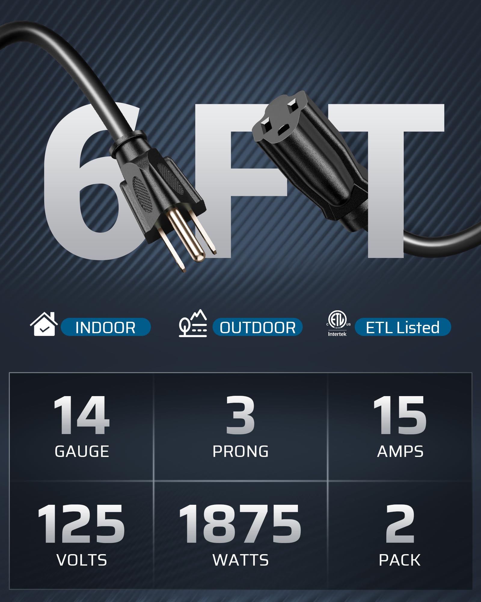 Dewenwils Extension Cord 6Ft, 14/3 Sjtw Weatherproof Power Cable For Indoor Outdoor Use, 3 Prong Heavy Duty Power Cord, Black, E