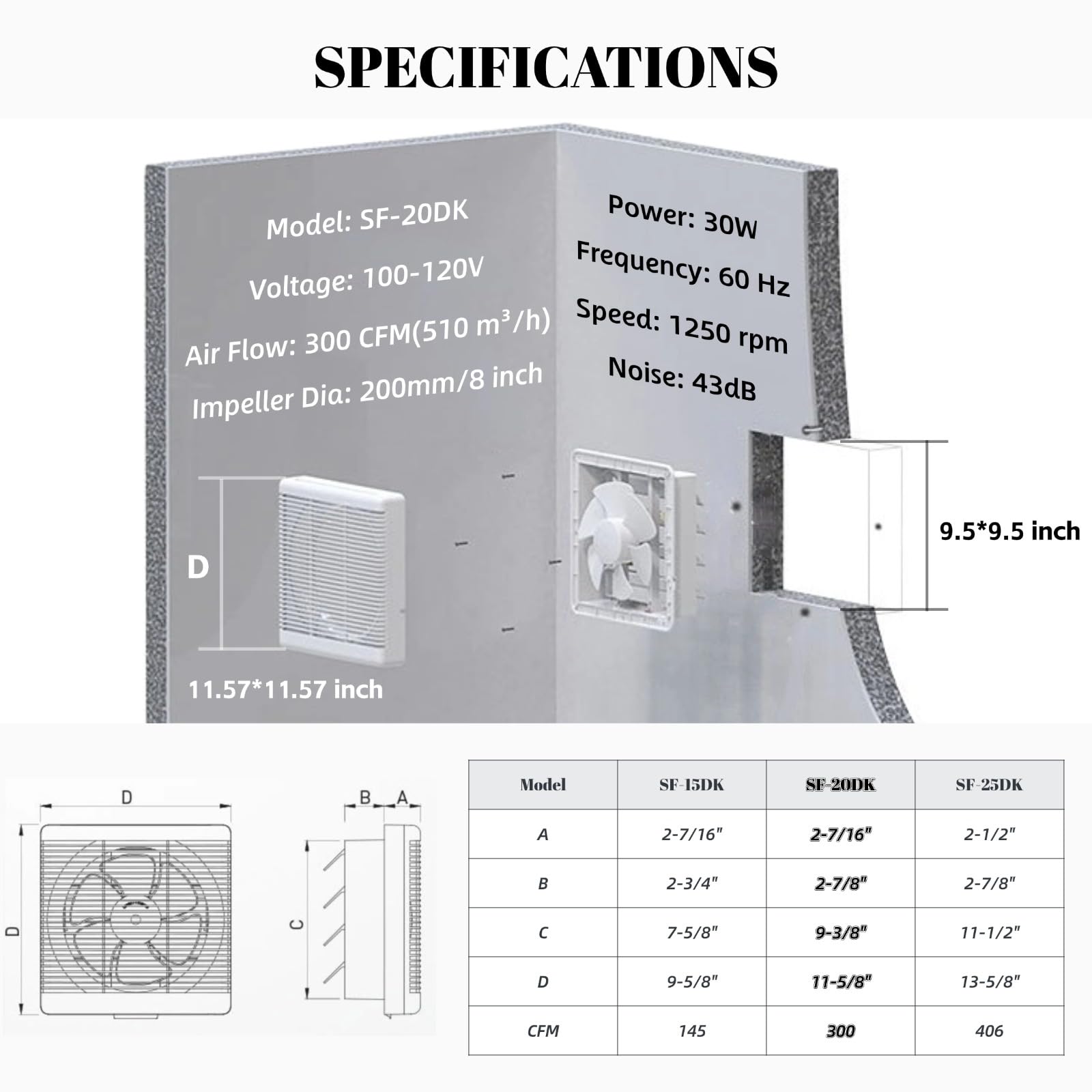 Sailflo Exhaust Shutter Fan 8 Inch 300 Cfm, 2 Direction Reversible Strong Airflow Ventilation Blower For Bathroom Attic Kitchen