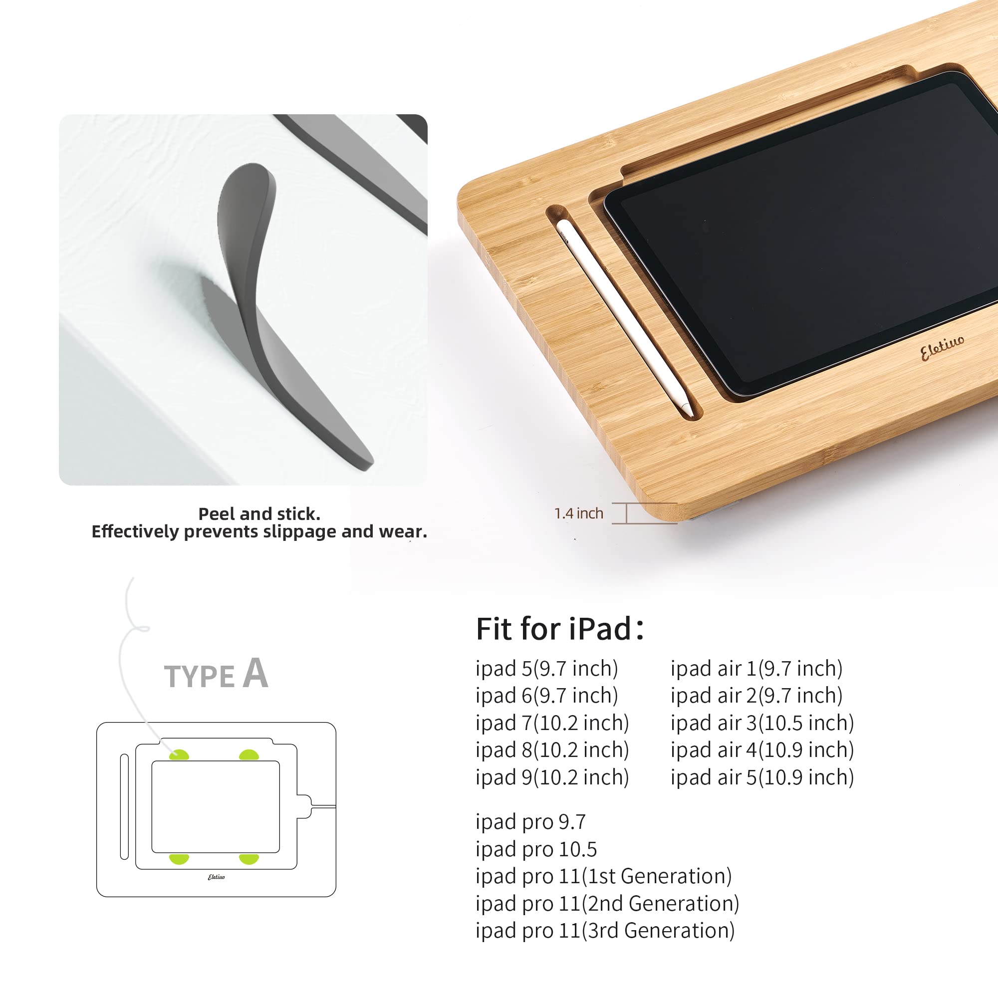 Eletiuo Adjustable Tablet Stand With Pencil&Charger Cable Slot,Bamboo Wooden Stand With Multiple Angles,Organizer Desktop Holder