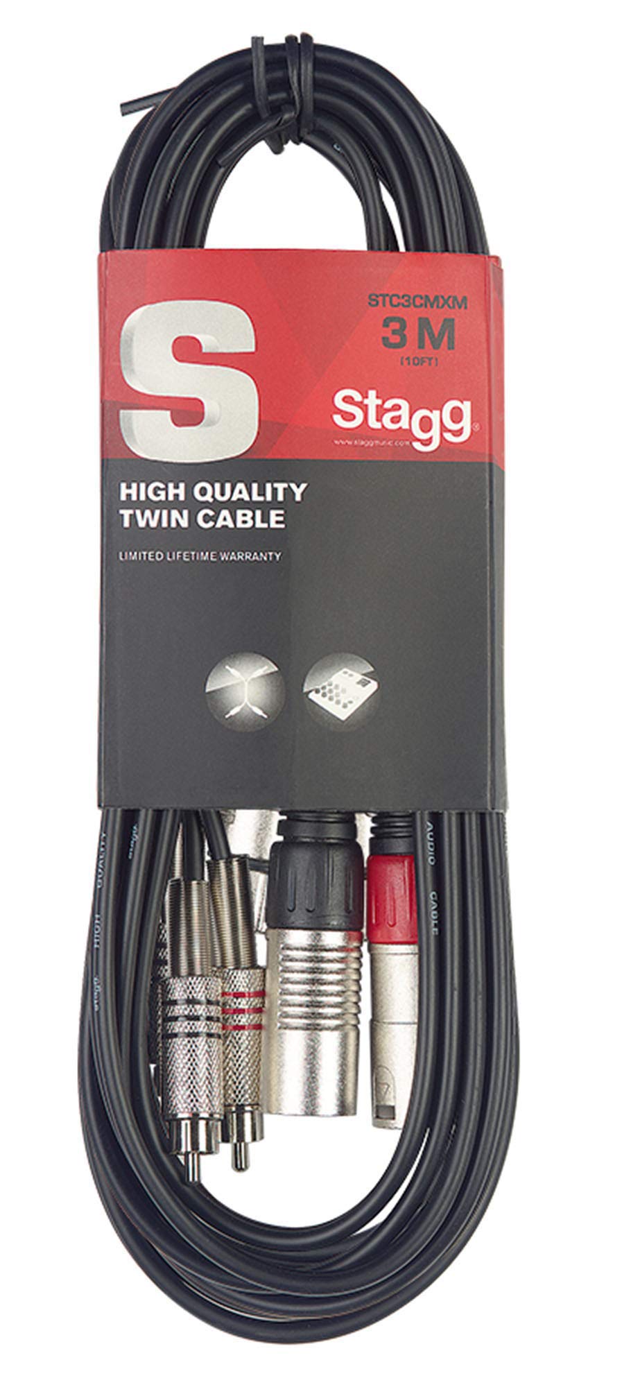 Stagg Stc3Cmxm Male Xlr To Male Rca Twin Cable, Black   10Ft.