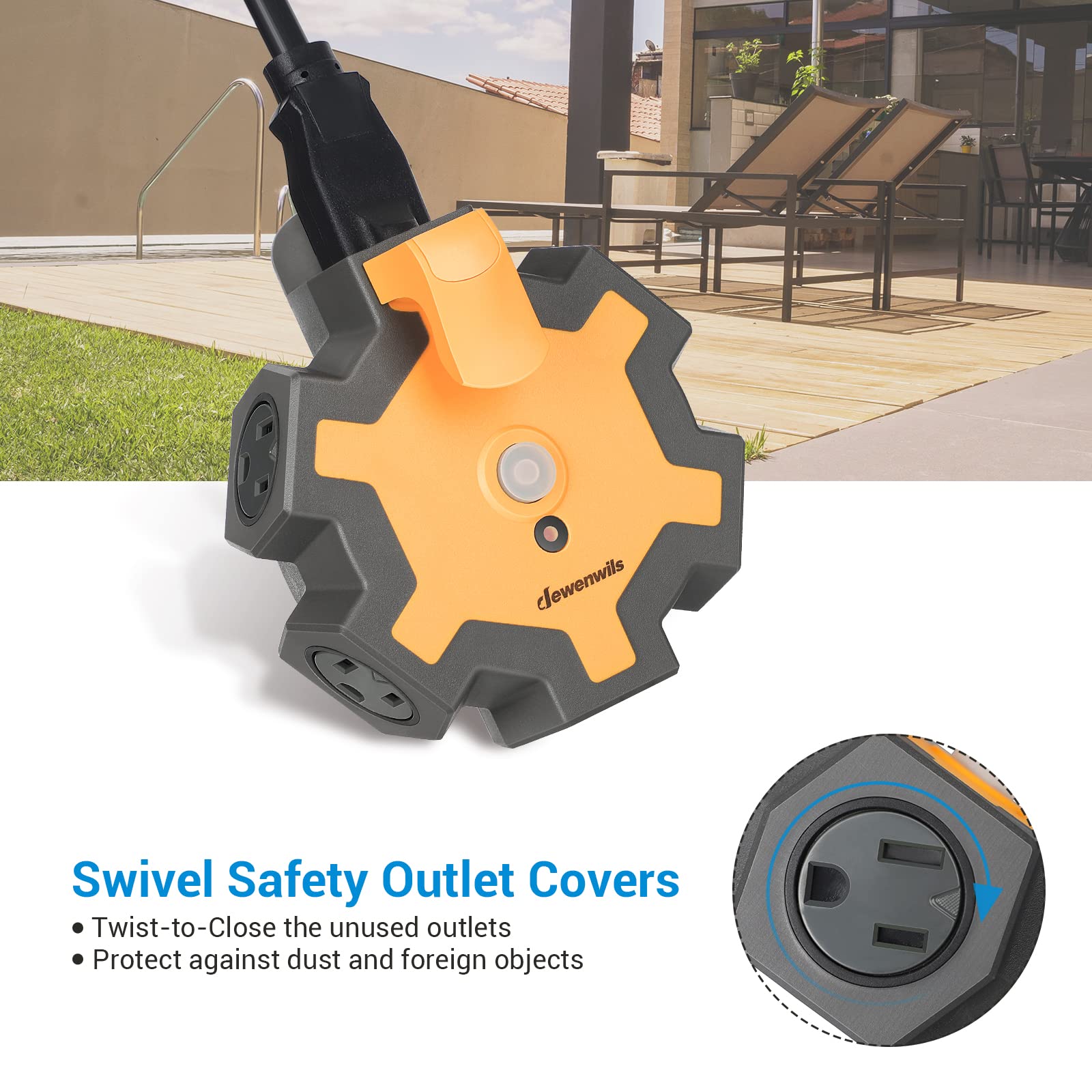Dewenwils Outdoor Extension Cord Power Adapter, Heavy Duty 5 Outlet Power Hub With Swivel Safety Covers, Widely Spaced Power Out