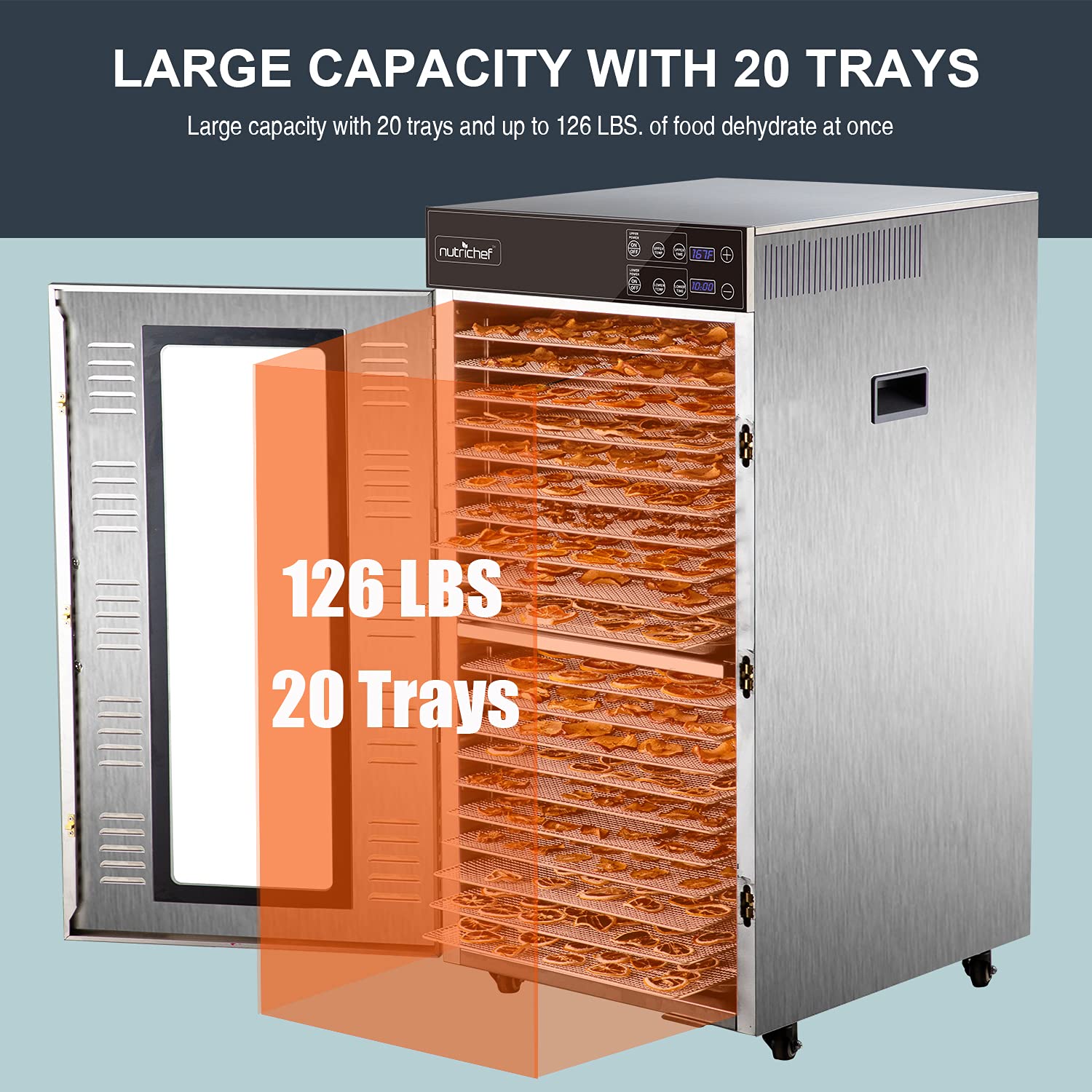 Nutrichef Commercial Electric Food Dehydrator Machine | 20 Shelf Extra Large Capacity - Stainless Steel Trays | 2000-Watts, Digi