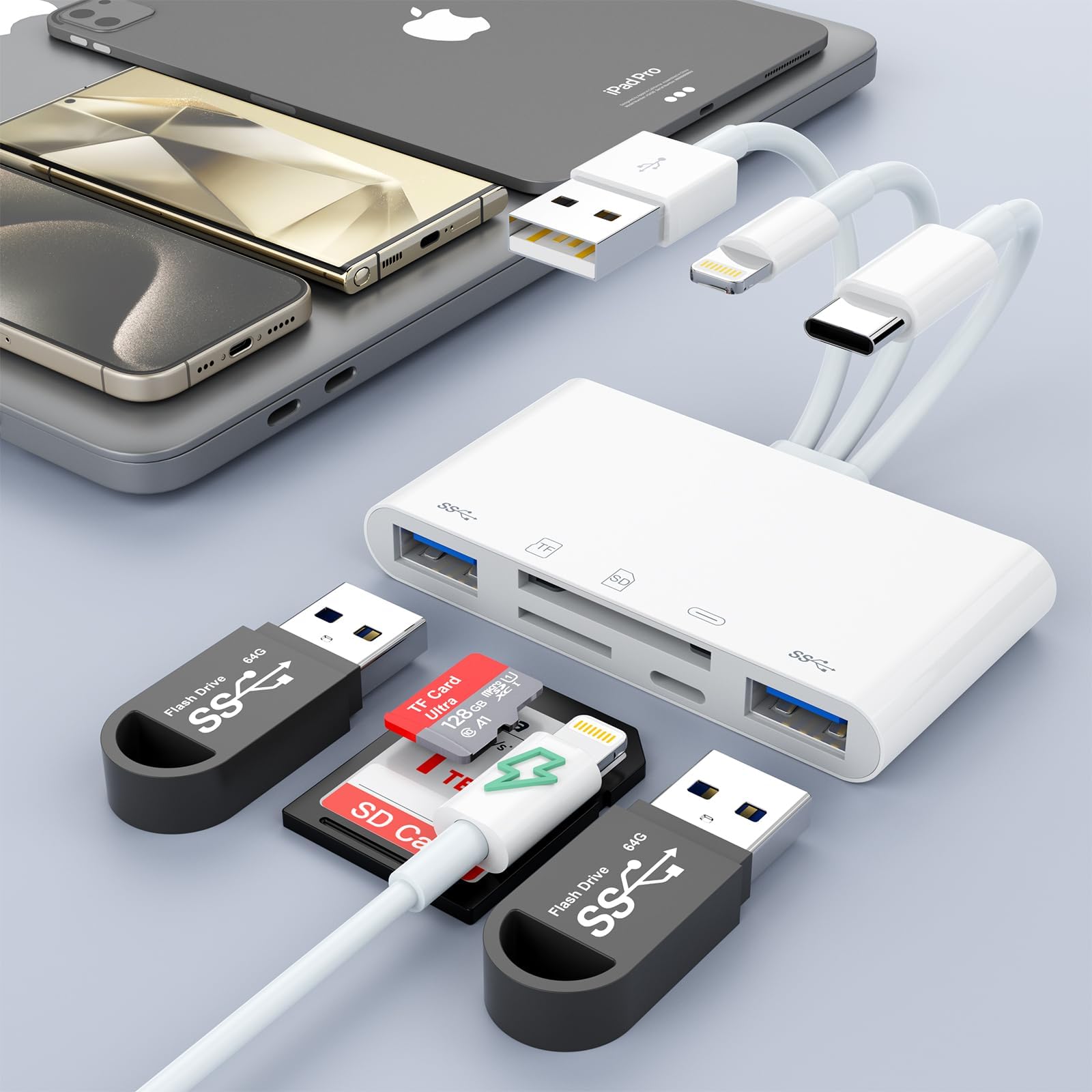 5 In 3 Sd Card Reader For Iphone Ipad With Usb A & Charging Port, Lightning + Usb A + Usb C To Sd Memory Card Reader For Iphone/