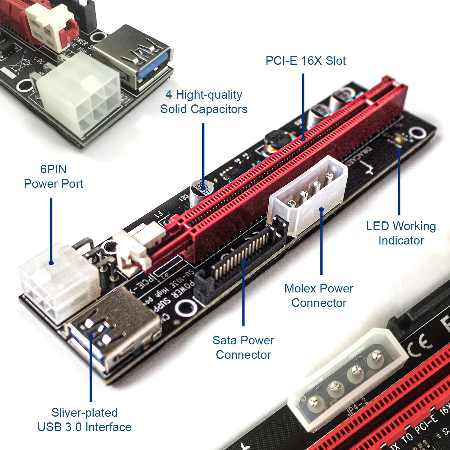 Dracaena 2 Pack Pcie Riser Adapter Card For Gpu Crypto Mining16X To 1X (6Pin/ Molex/Sata Powered) Led Status + 60Cm Usb 3.0 Cabl