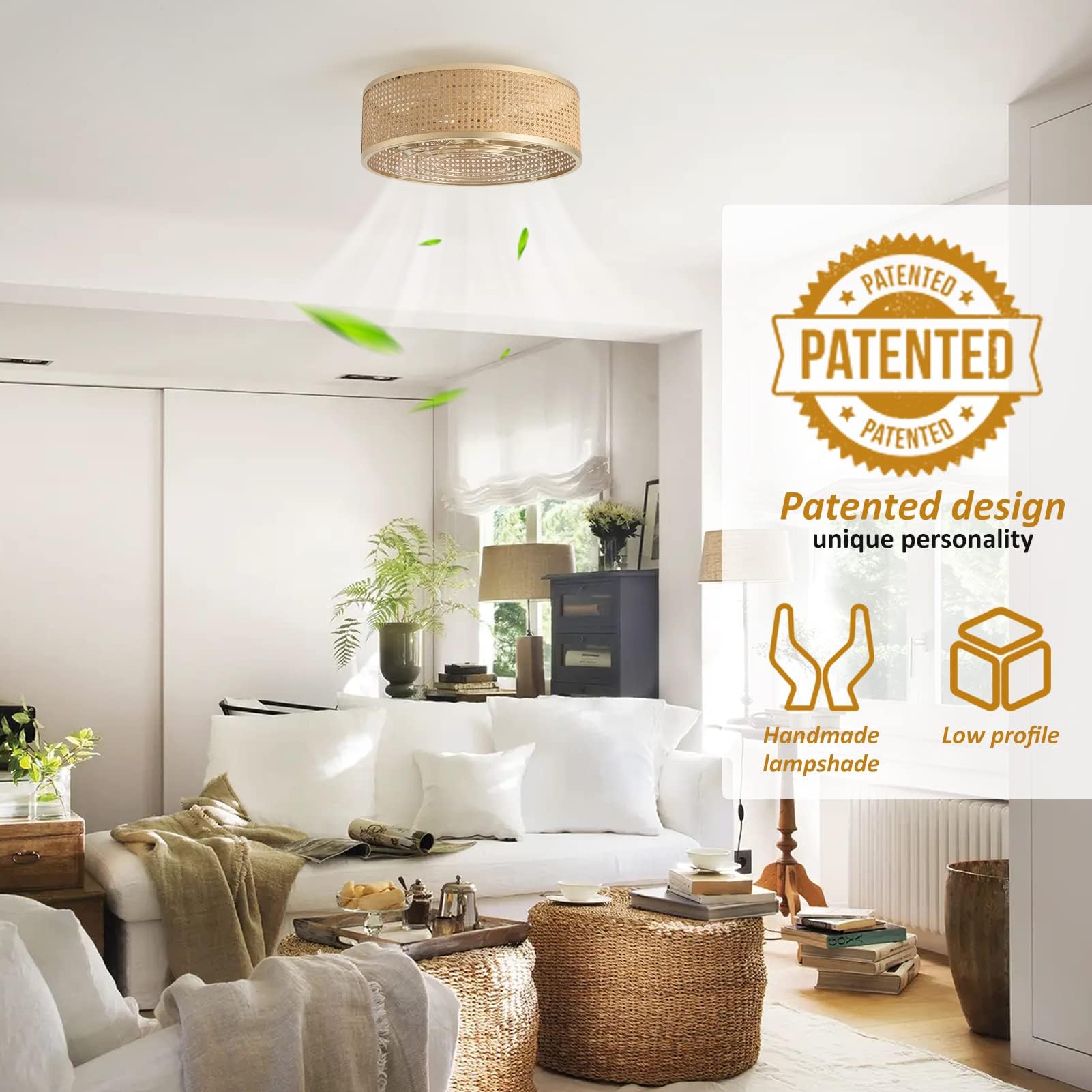 Ainqiant Boho Caged Ceiling Fan With Light, 20'' Rattan Flush Mount Ceiling Fan With Light And Remote Control For Bedroom Kitche