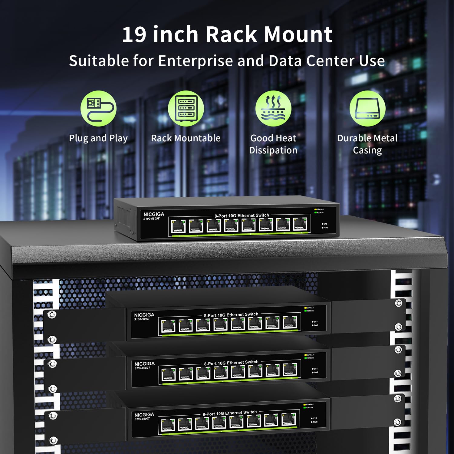8 Port 10G Ethernet Switch Unmanaged,With 8X 10Gb Base T Ports, Nicgiga 10Gbps Network Switch Easy For 10G Nas,Pc,Wifi7 Router,1