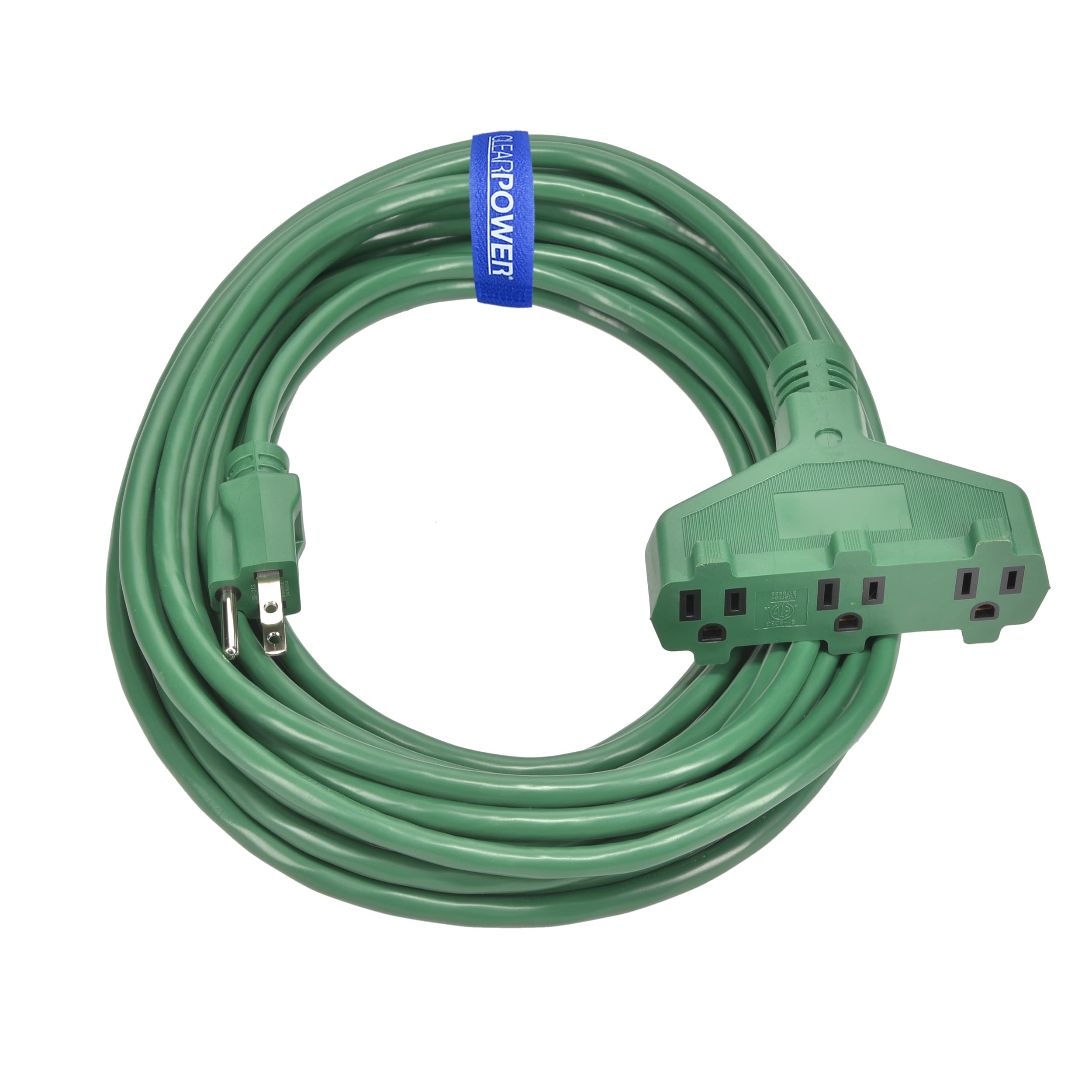 Clear Power 35 Ft 3 Outlet Lawn & Garden Outdoor Extension Cord 16/3 Sjtw, Green, Water & Weather Resistant, Flame Retardant, 3