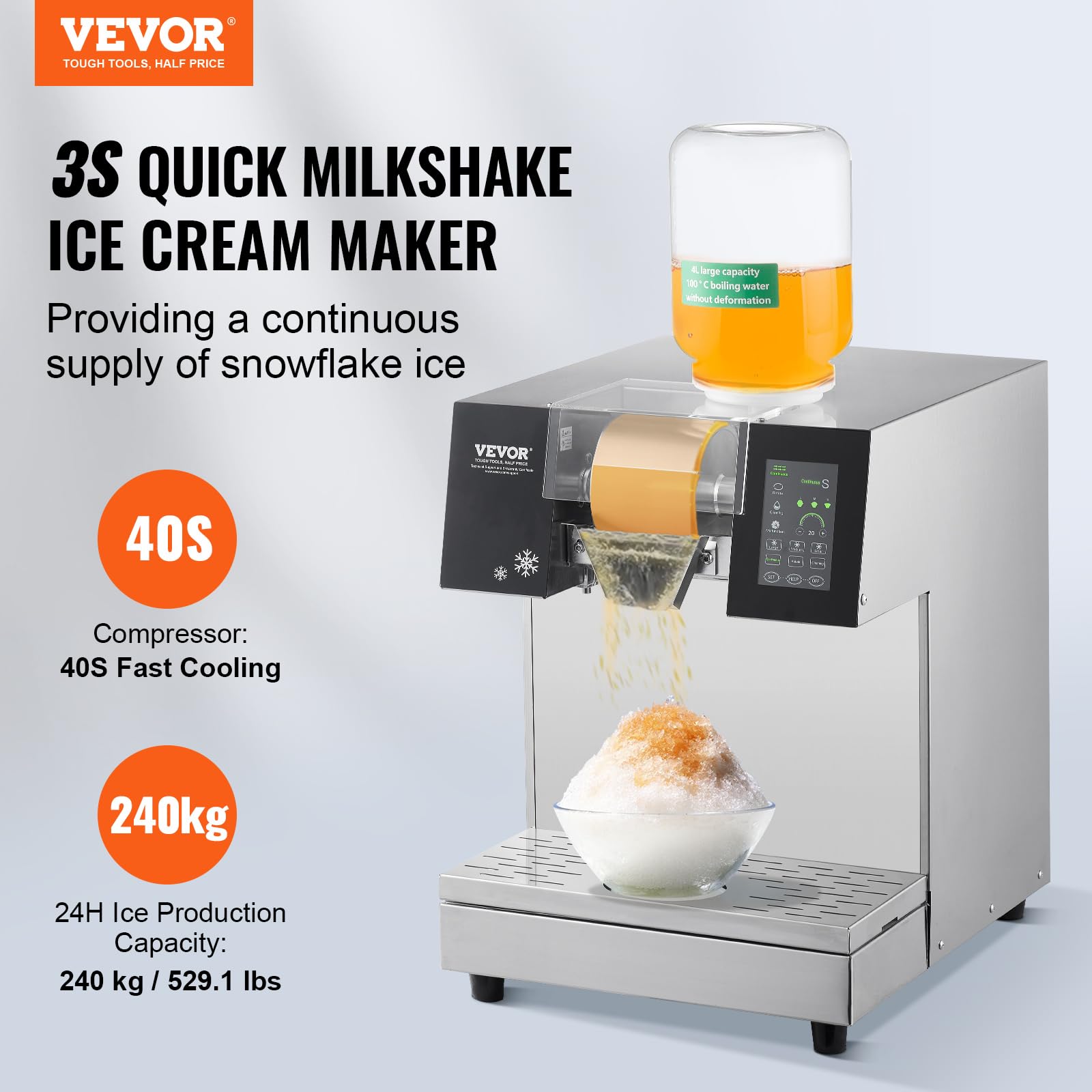 Vevor Commercial Snowflake Ice Machine, 529.1Lbs/24H Snowflake Ice Maker, Stainless Steel Ice Shaver Machine, Electric Snow Cone