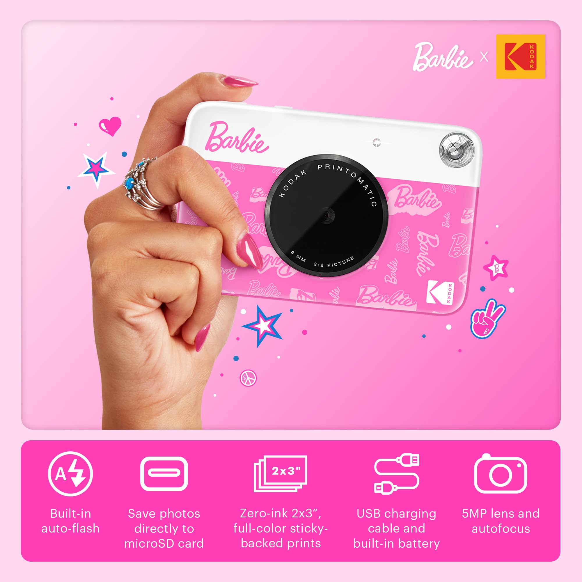 Kodak X Barbie Printomatic Full Color Instant Print Digital Camera Barbie Gift Bundle (Signature Style)+ Barbie Case, Photo Albu