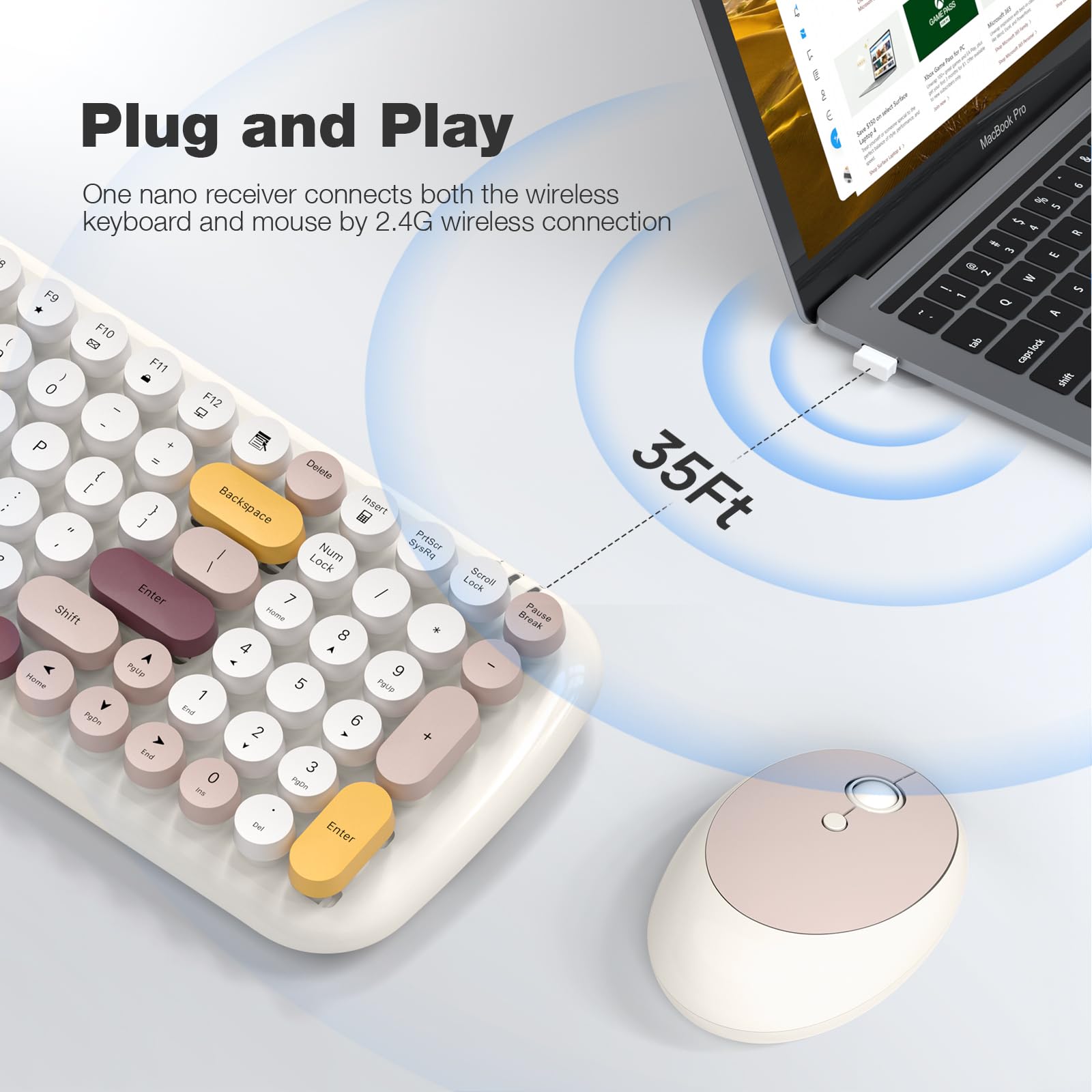 Knowsqt Wireless Keyboard And Mouse Combo, Light Beige 100 Keys 2.4 Ghz Round Keycap Typewriter Keyboards, Usb Receiver Plug And
