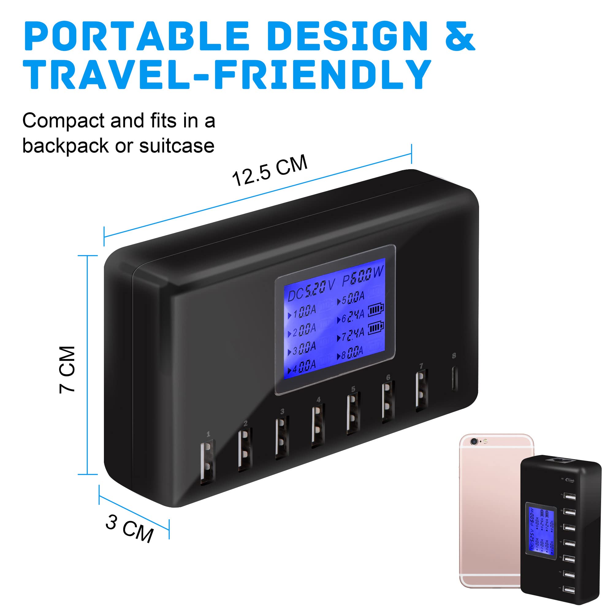 Usb Charger, Slitinto 60W 12A 8 Port Usb Charging Station Multi Port Usb Hub Charger Compact Size Lcd Display Compatible With Iphone Ipad Samsung Kindle Tablet Bluetooth Earbuds And More