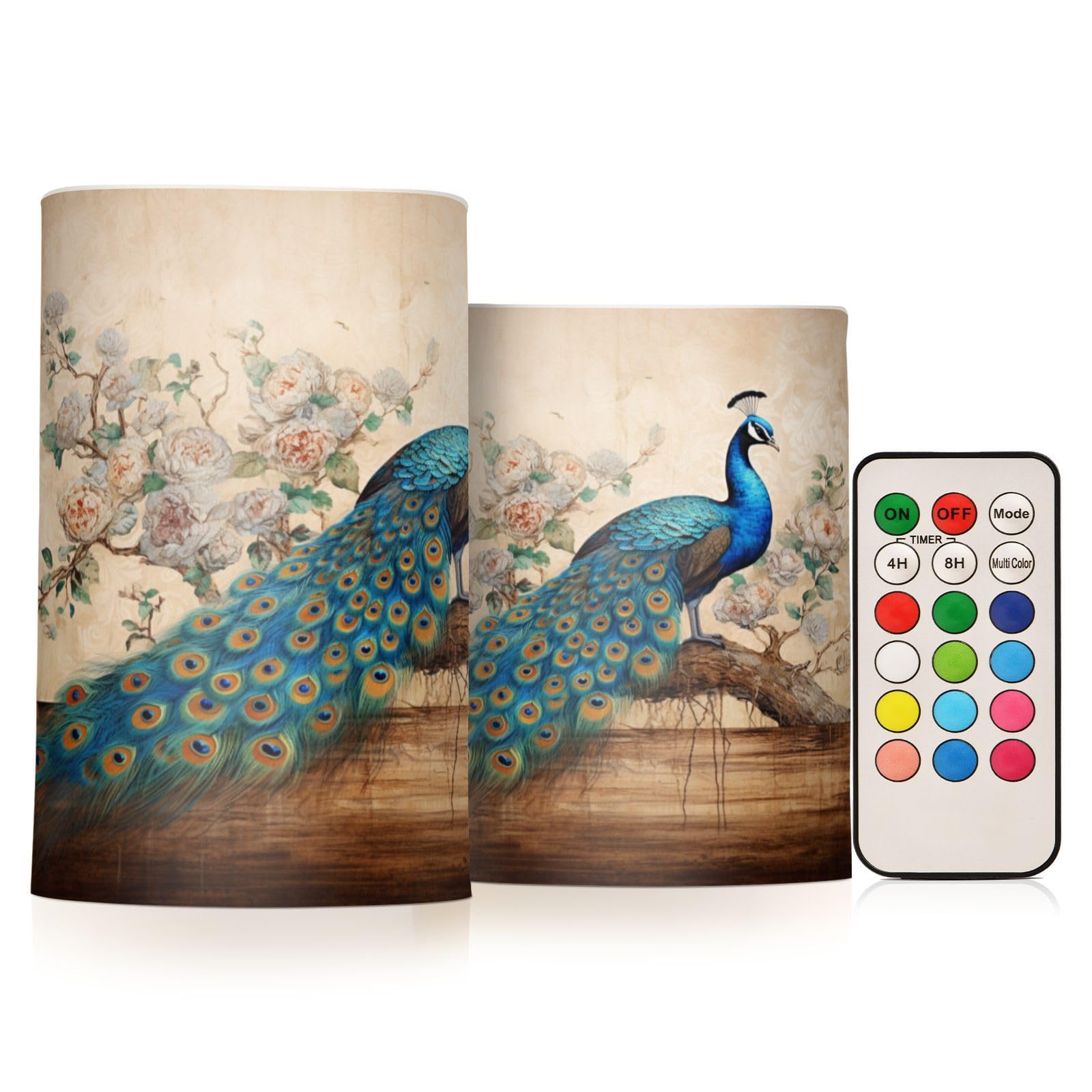 BOENLE Flickering Flameless Candles, Vintage Peacock LED Candles with Remote Timer, Set of 2 Battery Operated Candle for Valenti