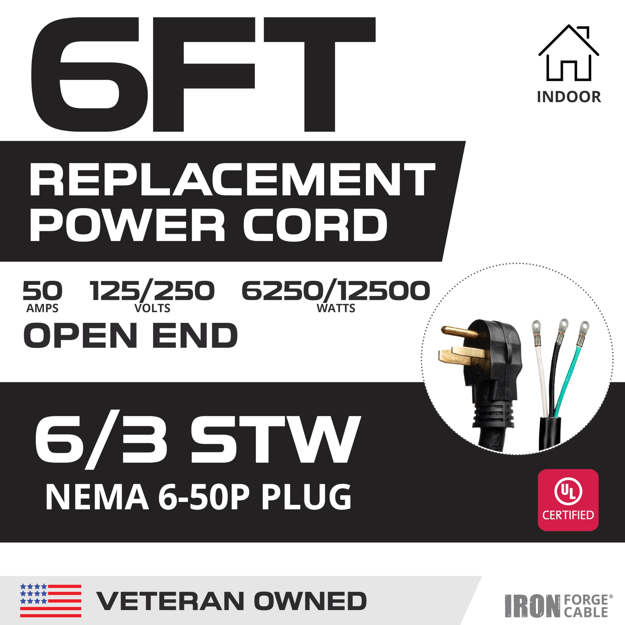 Iron Forge Cable Nema 6 50P Ev Replacement Extension Cord 6 Ft With Open End, 50 Amp Power Cable With Eyelet 3 Wire 6/3 Gauge Co