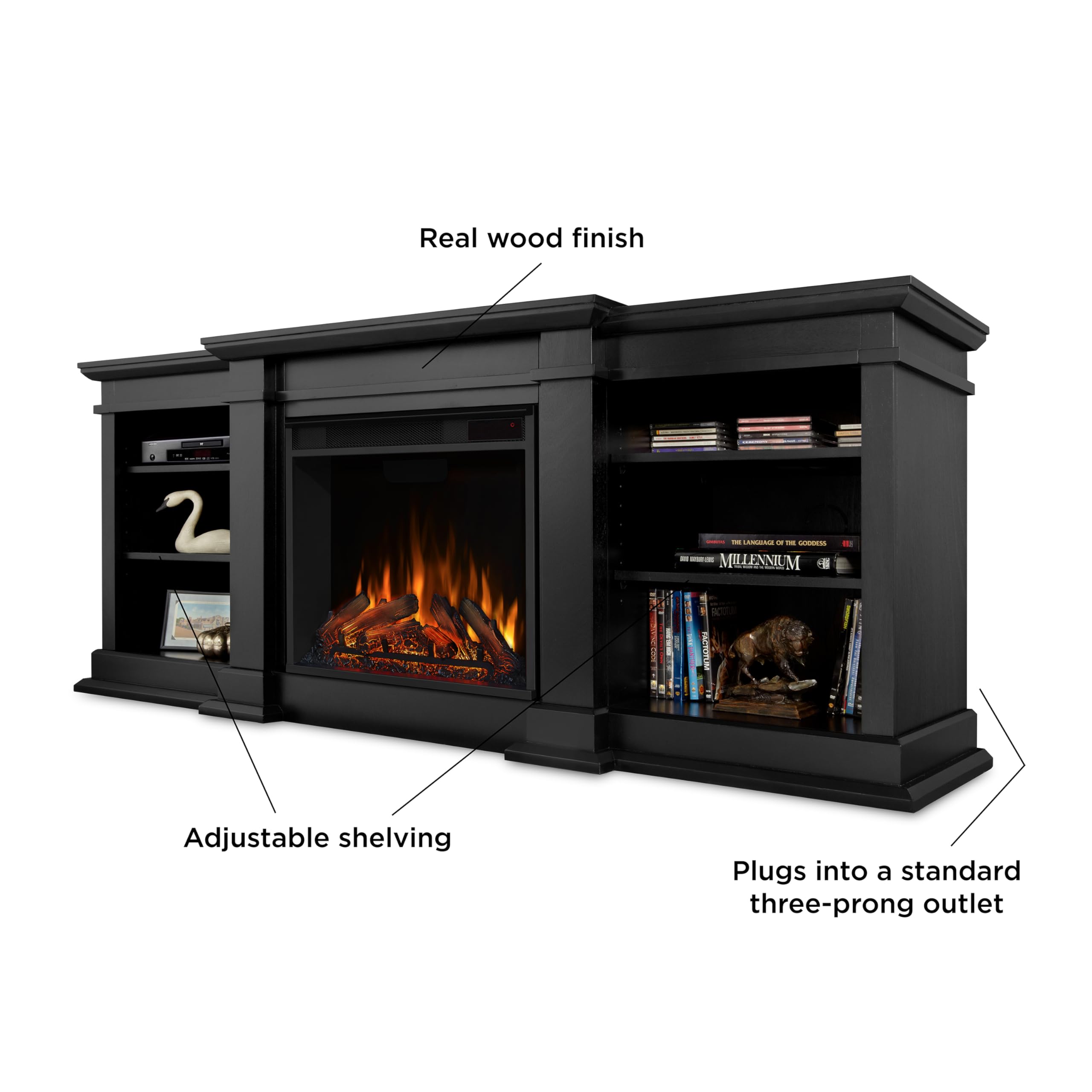 Real Flame Fresno 72'' Tv Stand With Electric Fireplace In Black, Entertainment Center With Electric Fireplace, Living Room Tv S