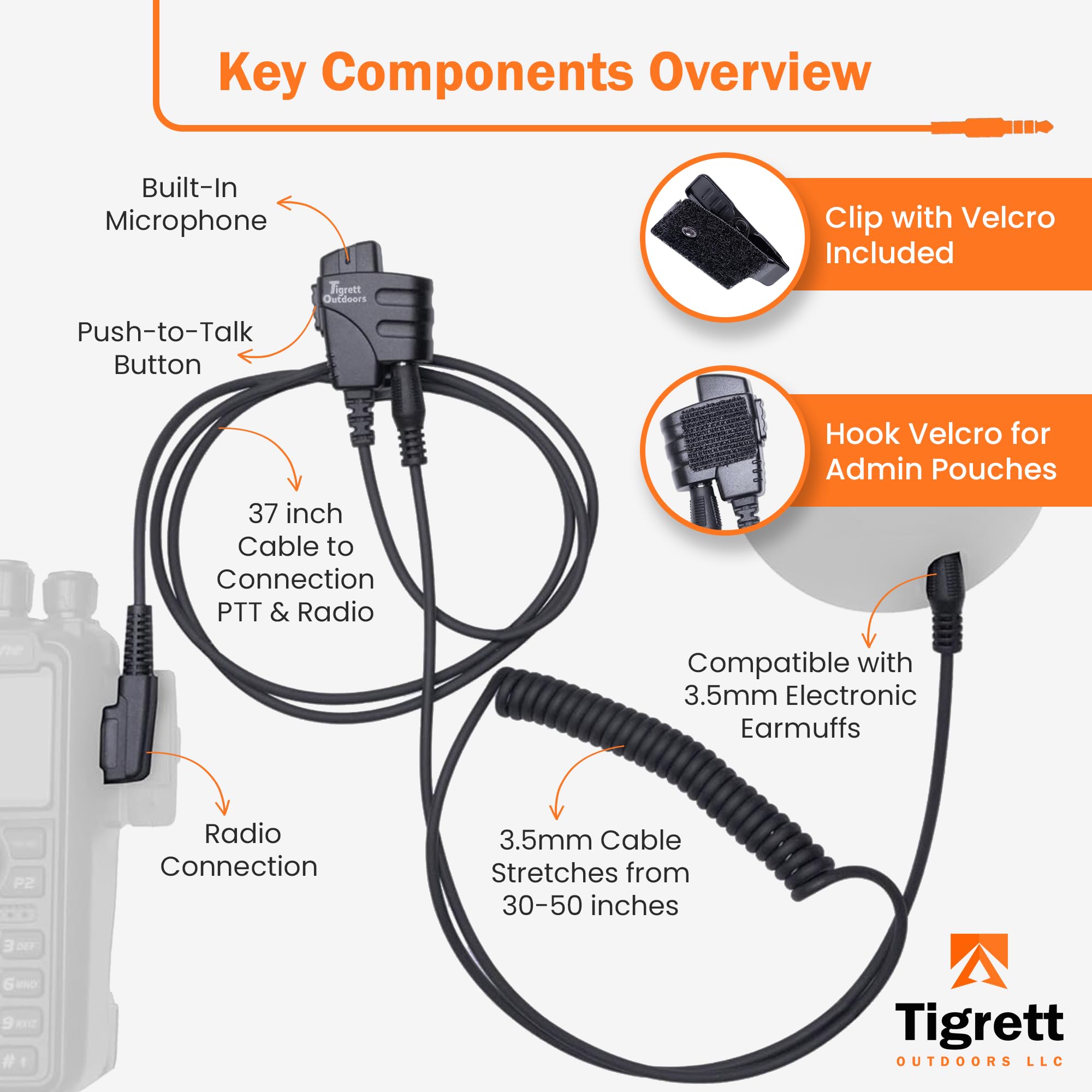 Tigrett Outdoors Smc Push-To-Talk Cable W/ 3.5Mm Audio Cable Adapter For Kenwood K1 Radios Including Baofeng Uv5R - Ptt For Elec