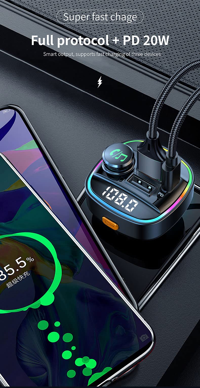 Ohitec Bluetooth Fm Transmitter For Car, Hands Free Calling, Dual Screens Display, Qc3.0 & Usb C Pd 20W Quick Charger & 7 Colors