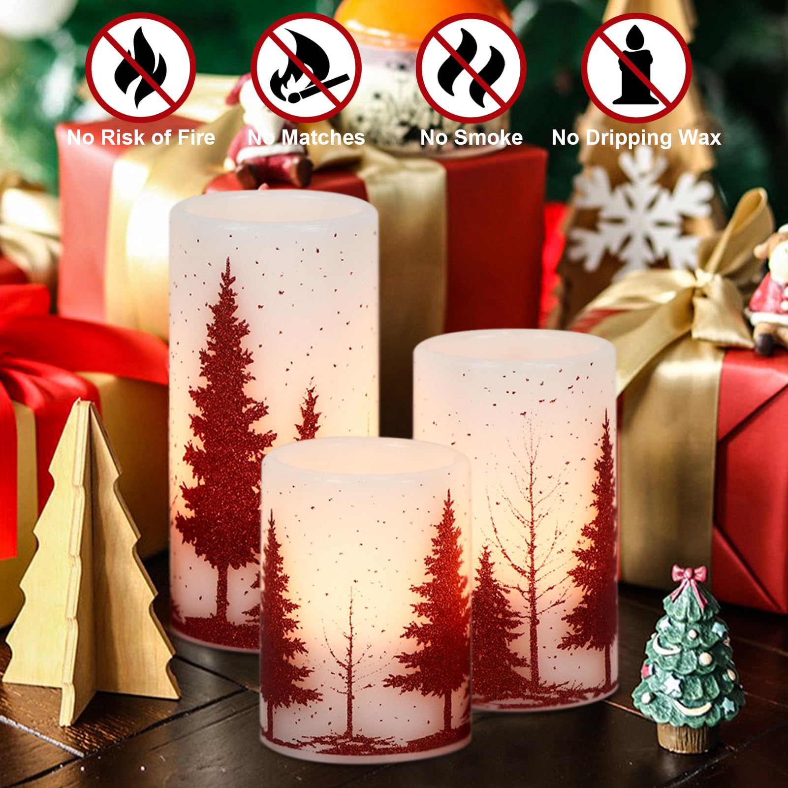 Dromance Christmas Tree Flameless Flickering Candles Battery Operated With 6H Timer, 3 Pack Real Wax Warm Light Led Pillar Candl