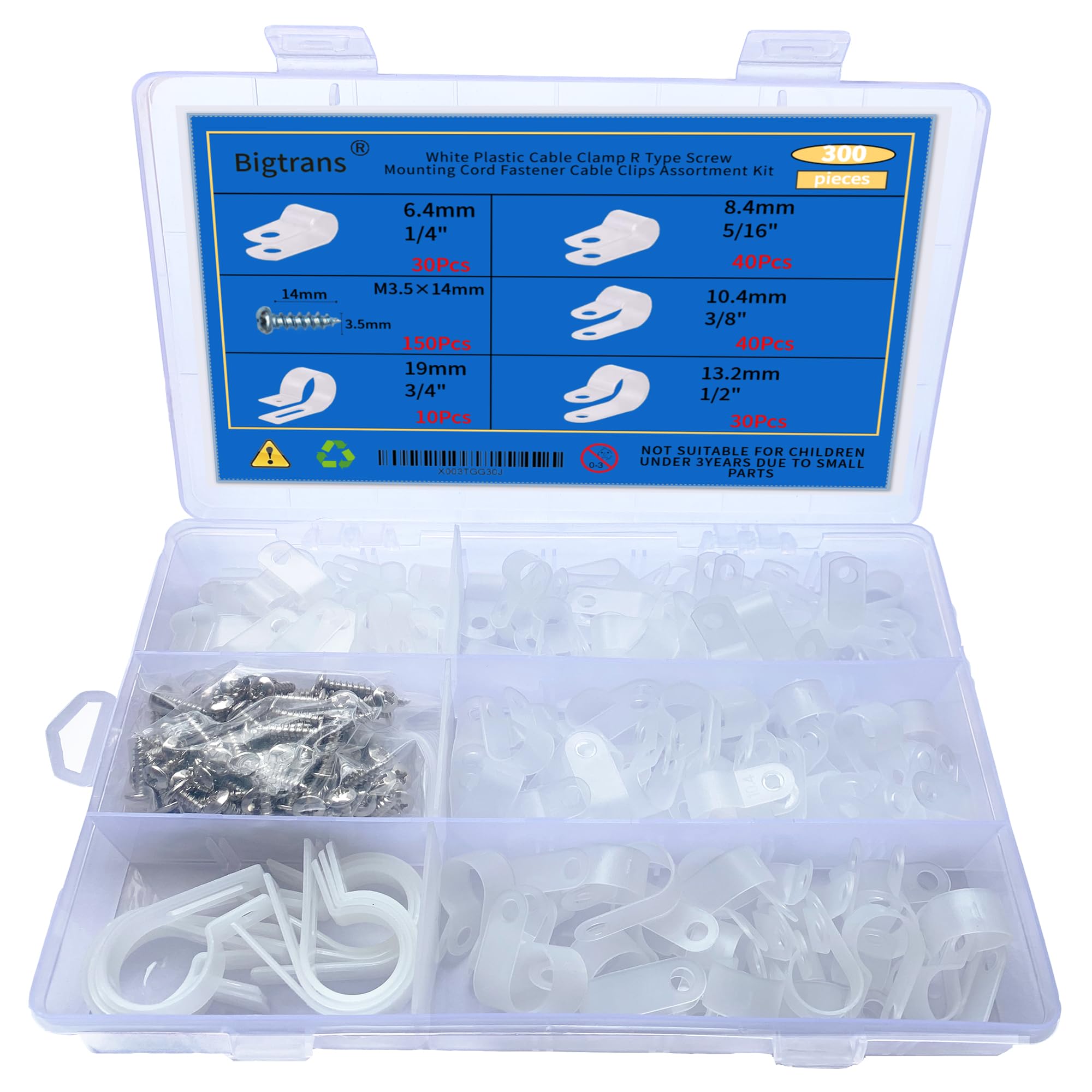 Bigtrans 300 Pcs Nylon Plastic R Type Wire Clips With Screws 1/4'' 5/16'' 3/8'' 1/2'' 3/4'' Clamps Fasteners Assortment For Cabl