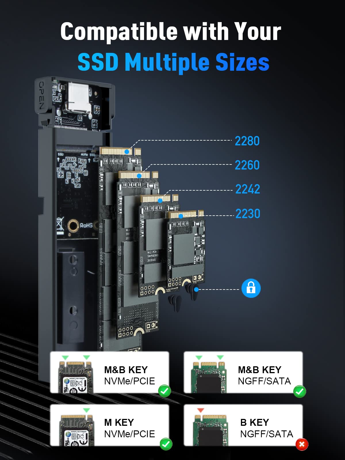 M.2 Nvme Sata Ssd Enclosure Adapter ,V Vcom Tool Free Usb 3.2 Gen 2 10Gbps Nvme Pci E 6Gbps Sata M Key / B+M Key Solid State Dri