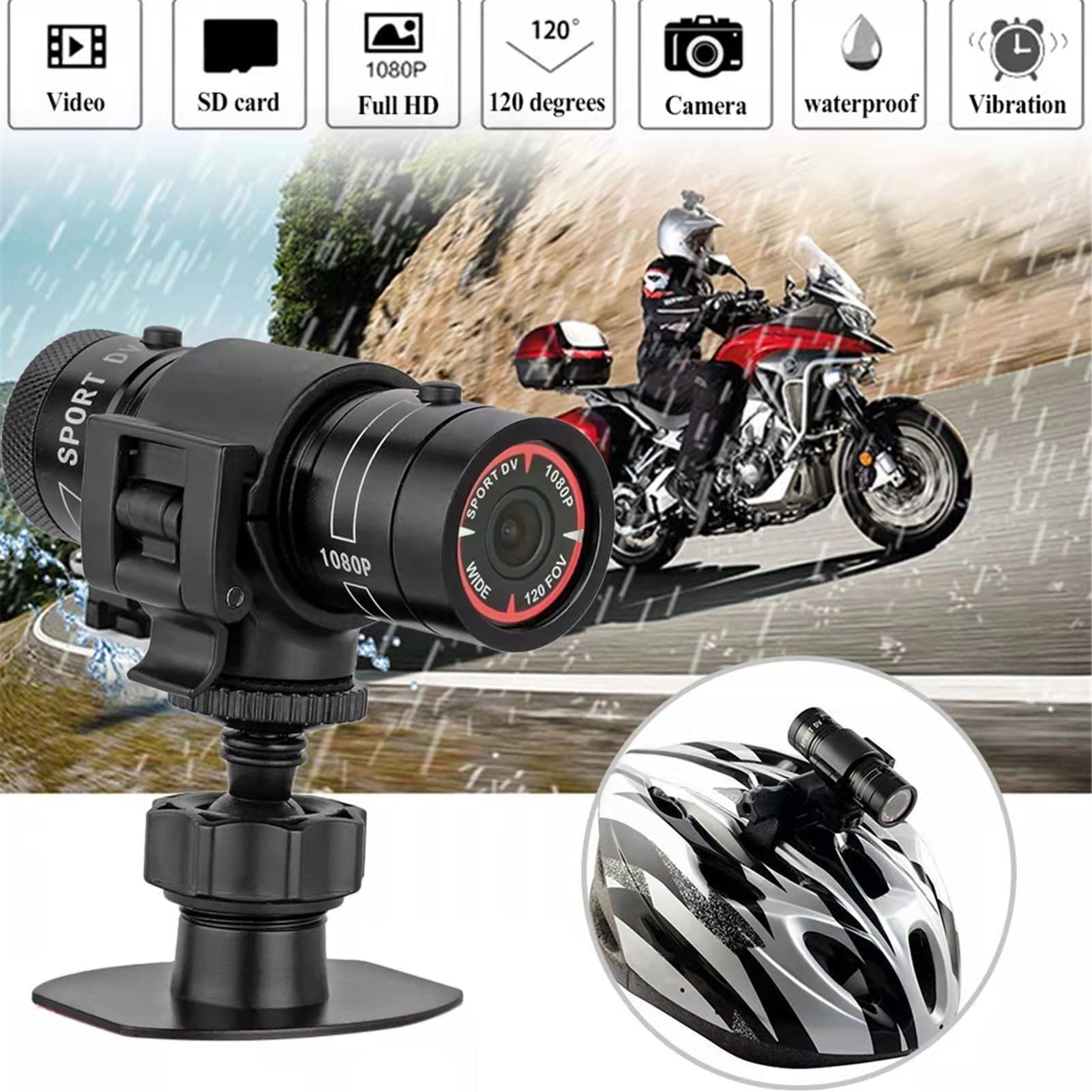 Wzquisite Motorcycle Helmet Camera, Bike Video Camera  1080P Sports Action Camera 120 Wide Angle Camcorder Waterproof With Handl